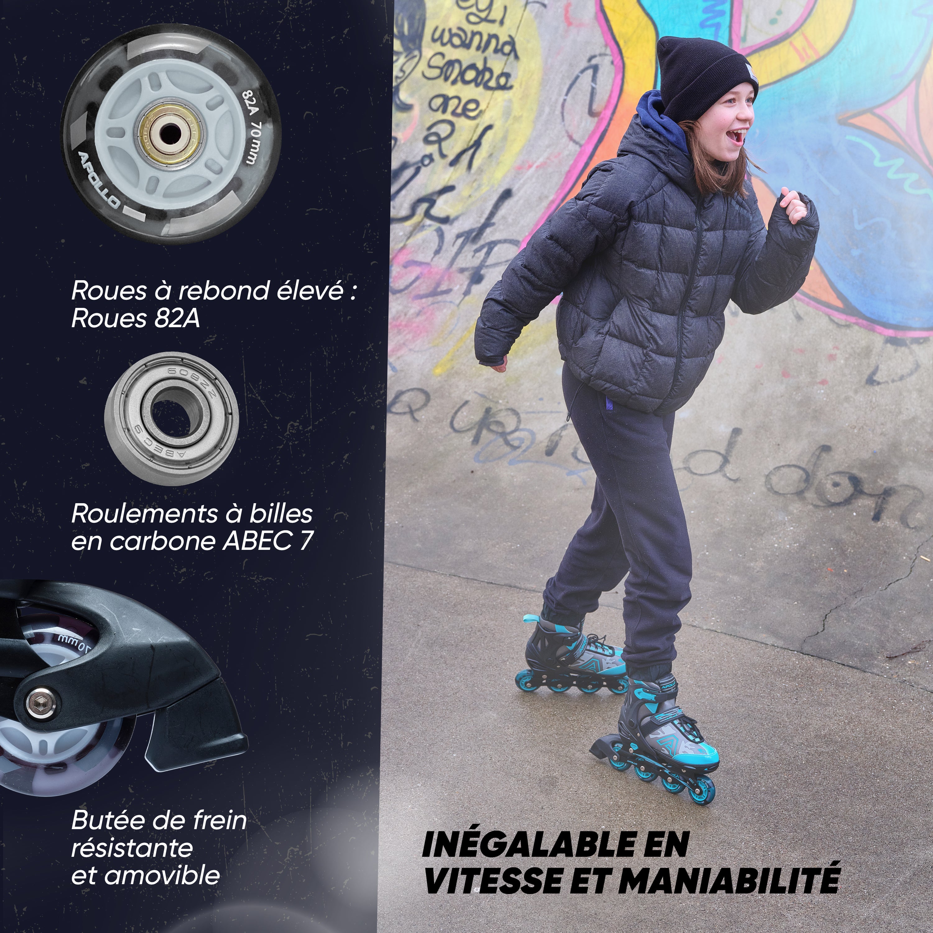 Apollo - Champion rollers adultes/enfants à pointure réglable - Noir - L (39-42)