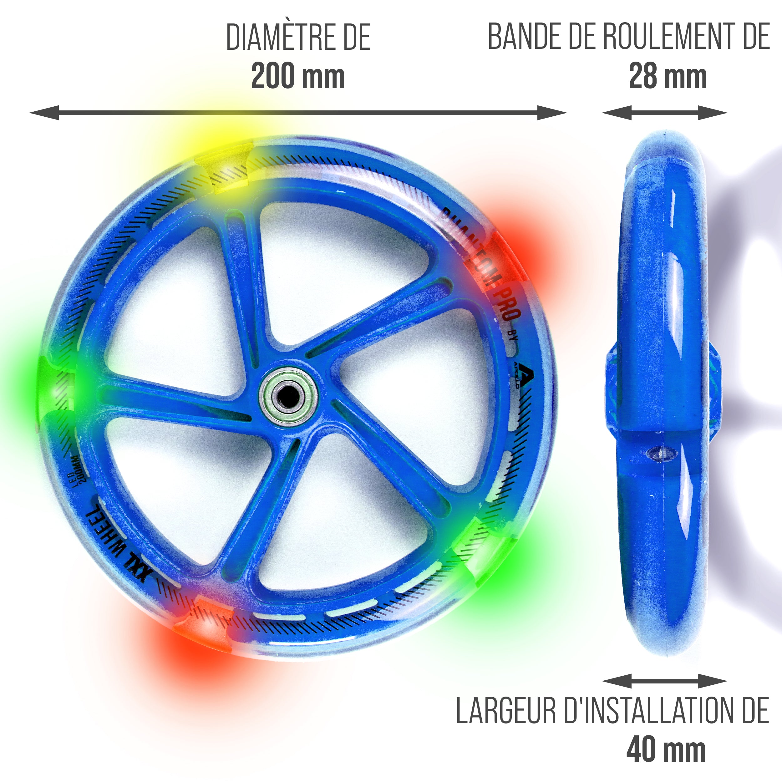 Apollo - 200 MM JEU DE ROUES DE RECHANGE POUR TROTTINETTE DE VILLE - PHANTOM / SPECTRE - LED Blau Transparent
