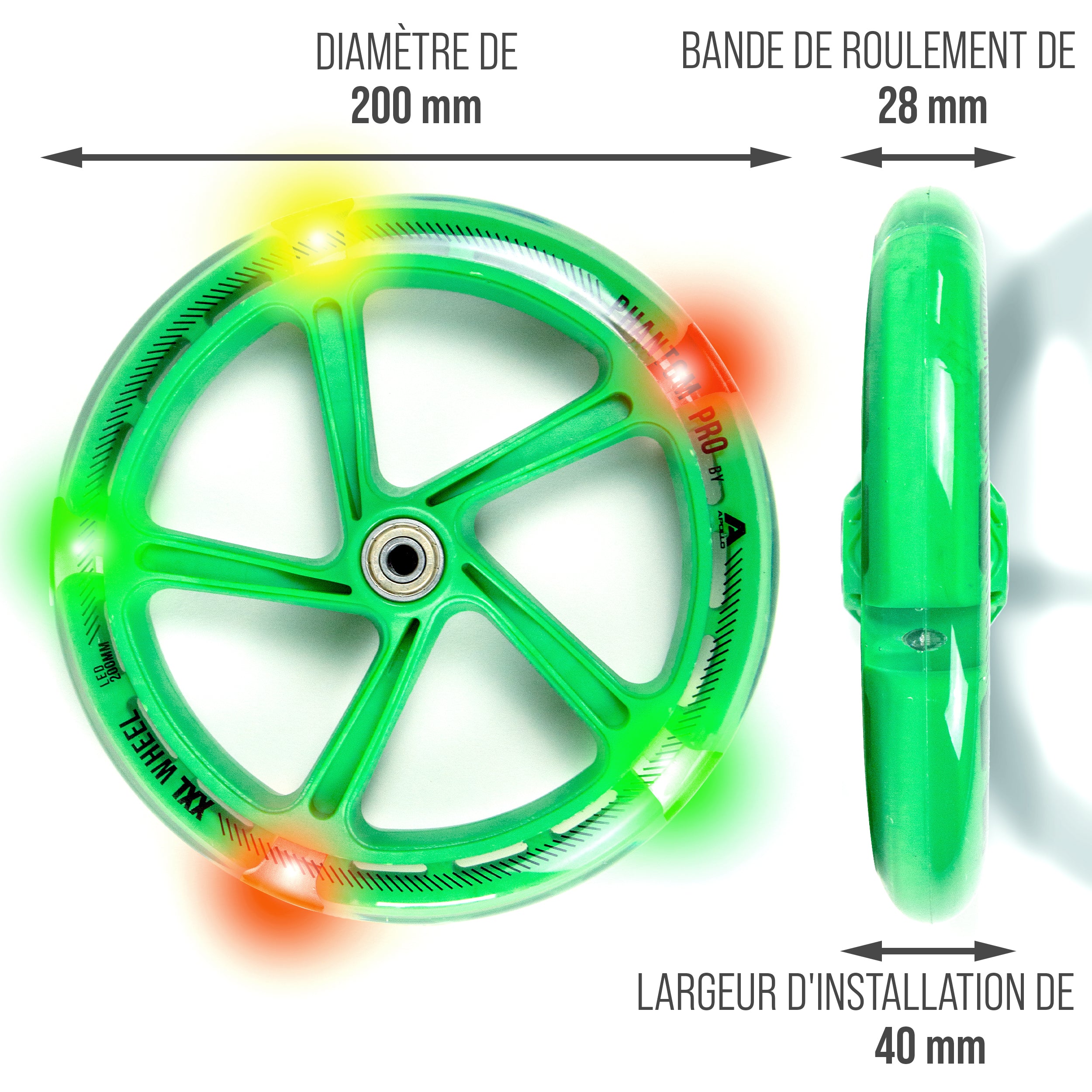 Apollo - 200 MM JEU DE ROUES DE RECHANGE POUR TROTTINETTE DE VILLE - PHANTOM / SPECTRE - LED Grün Transparent