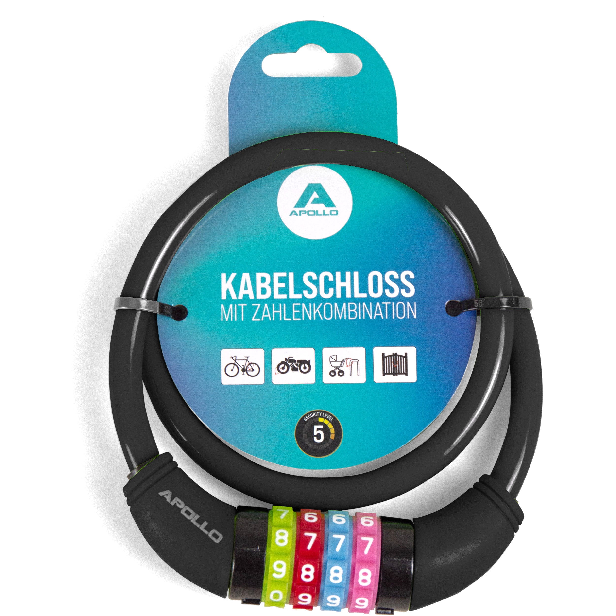 Apollo - Antivol de vélo avec chiffres pour enfants, 10x650 mm, antivol de scooter, cadenas à combinaison - Noir