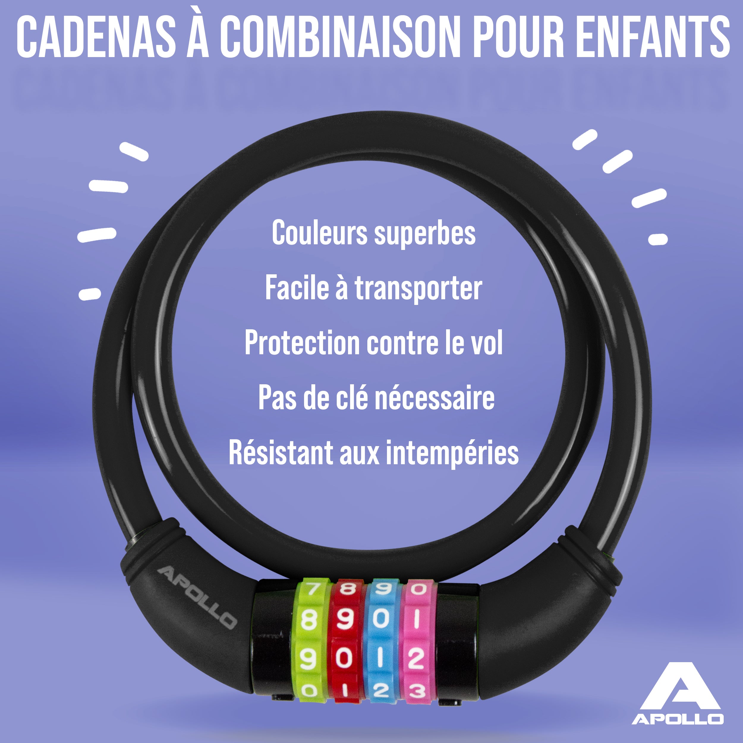 Apollo - Antivol de vélo avec chiffres pour enfants, 10x650 mm, antivol de scooter, cadenas à combinaison - Noir