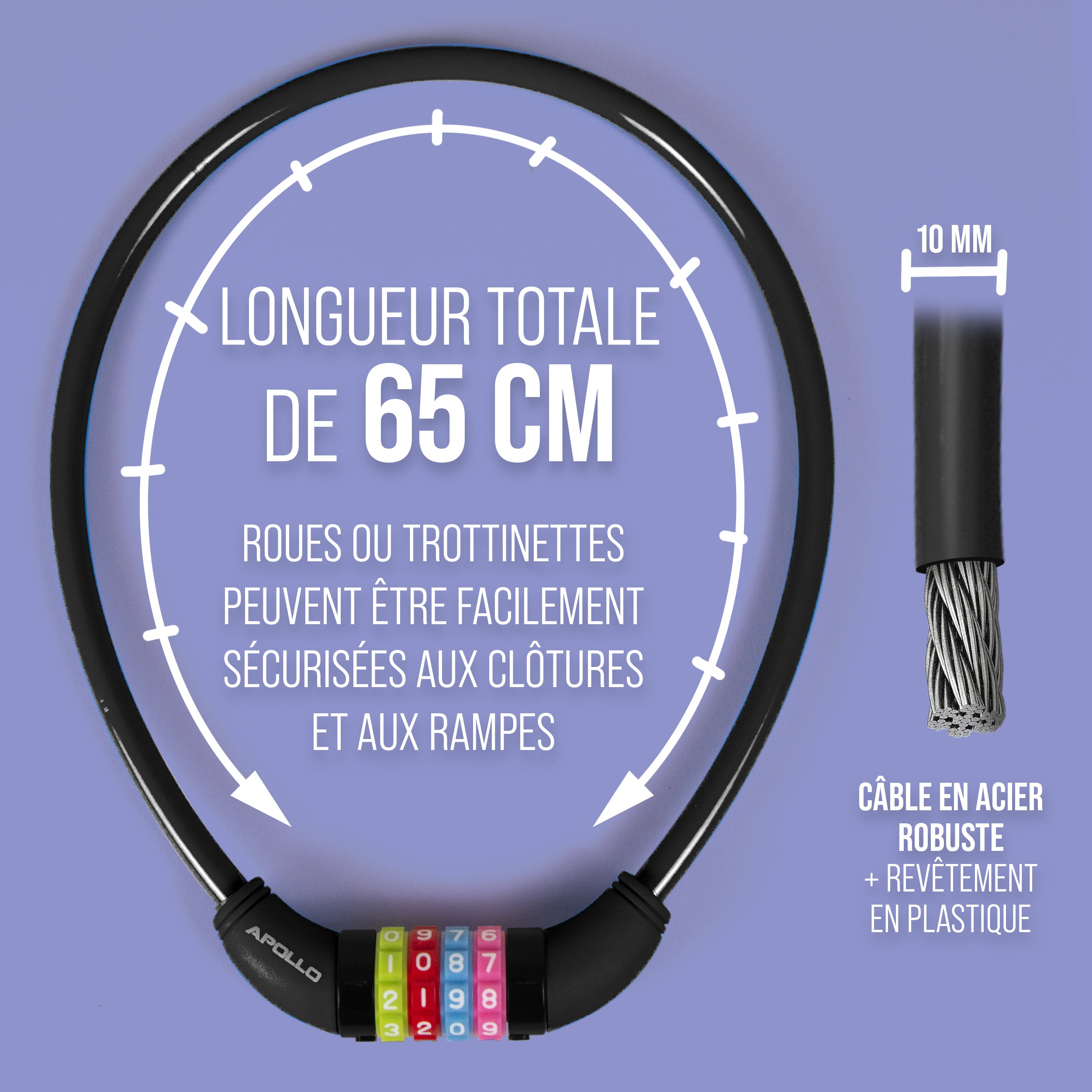 Apollo - Antivol de vélo avec chiffres pour enfants, 10x650 mm, antivol de scooter, cadenas à combinaison - Noir