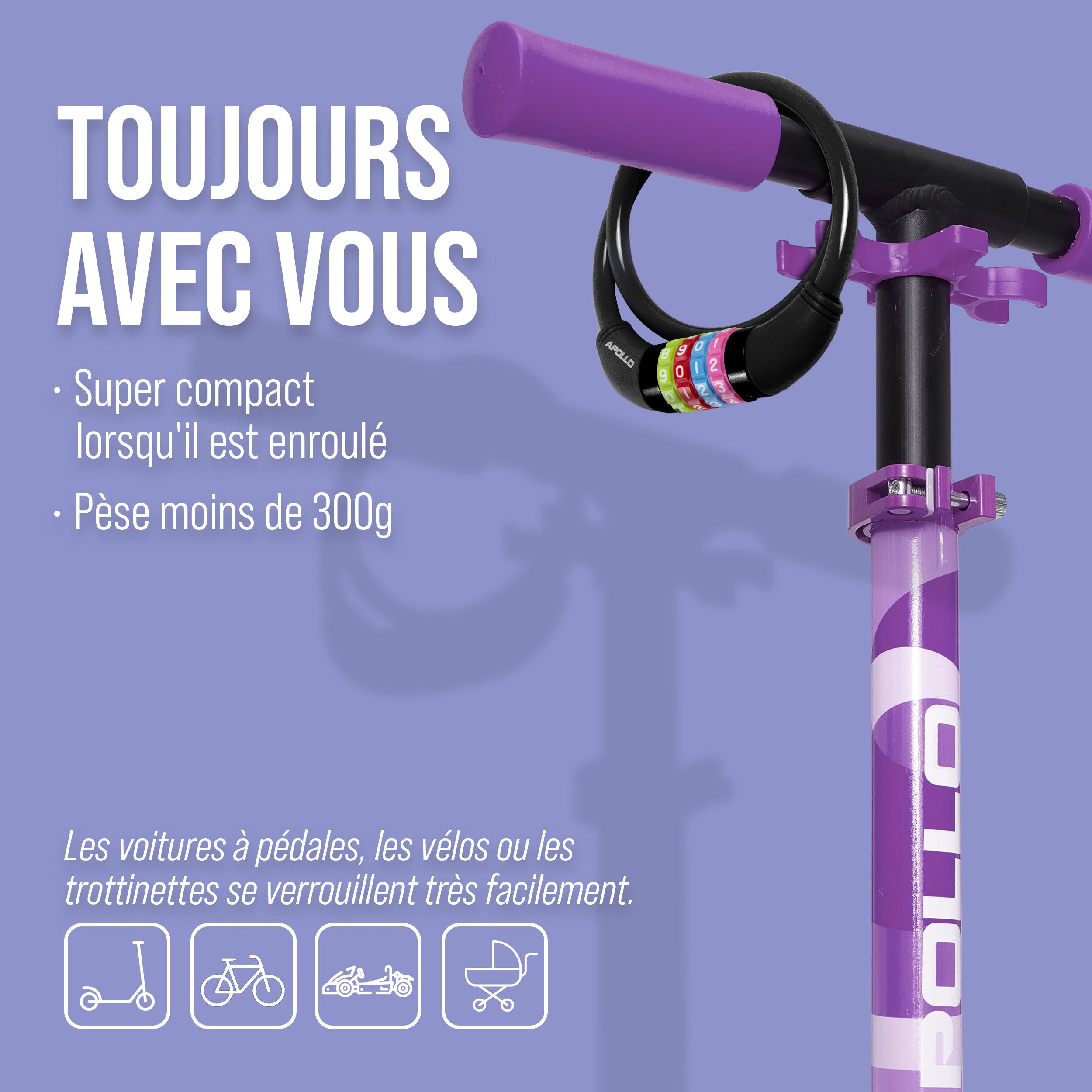 Apollo - Antivol de vélo avec chiffres pour enfants, 10x650 mm, antivol de scooter, cadenas à combinaison - Noir