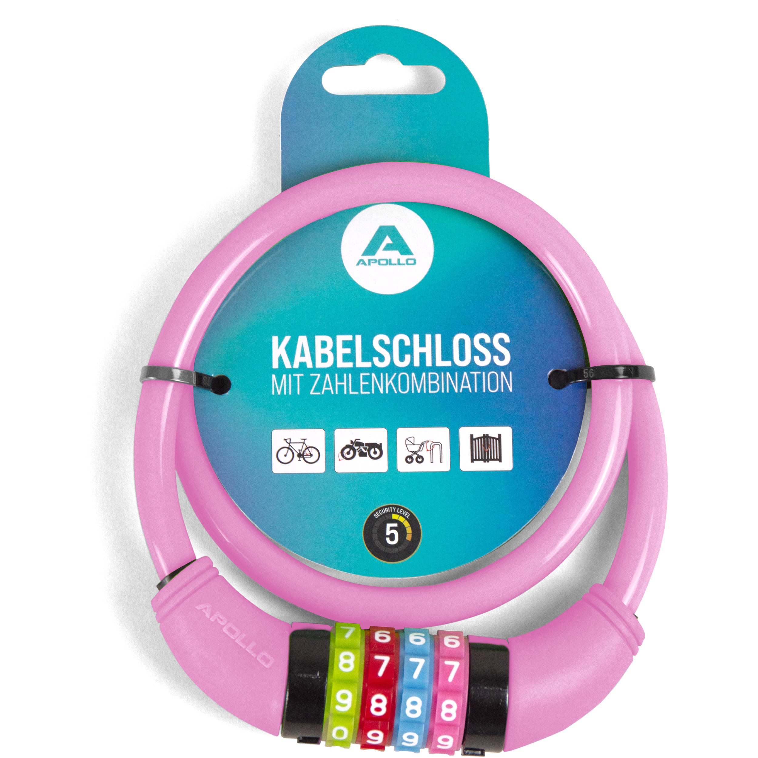 Apollo - Antivol de vélo avec chiffres pour enfants, 10x650 mm, antivol de scooter, cadenas à combinaison - Rose