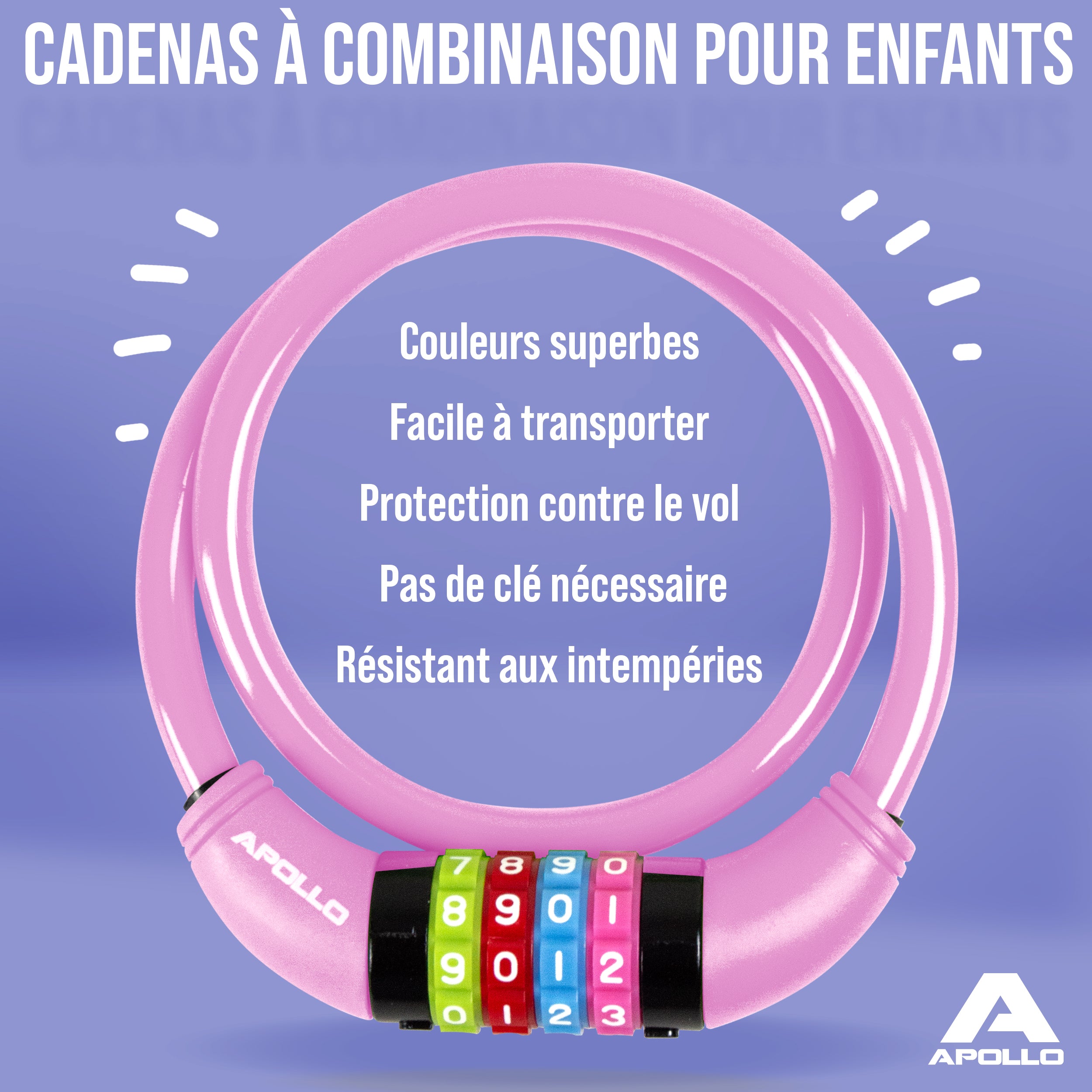 Apollo - Antivol de vélo avec chiffres pour enfants, 10x650 mm, antivol de scooter, cadenas à combinaison - Rose