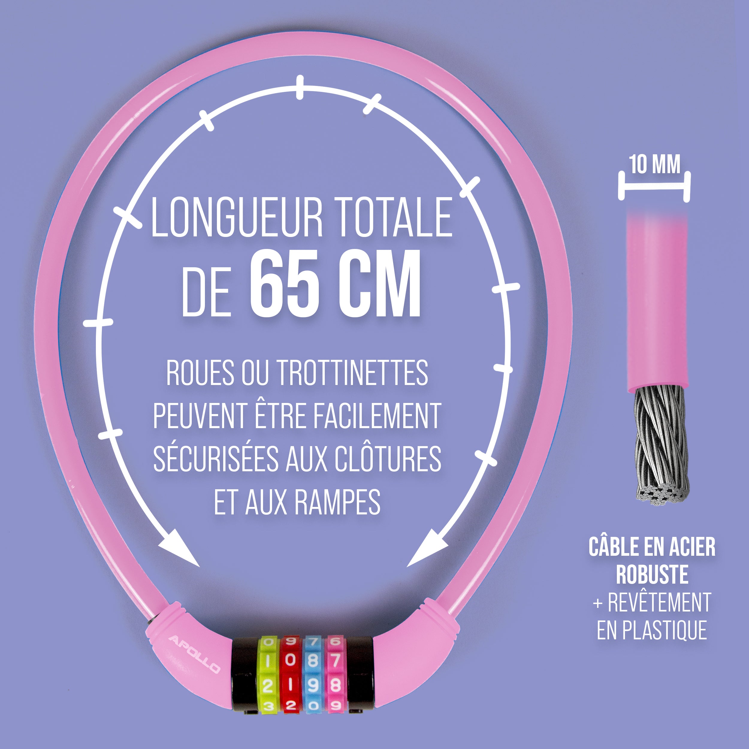 Apollo - Antivol de vélo avec chiffres pour enfants, 10x650 mm, antivol de scooter, cadenas à combinaison - Rose