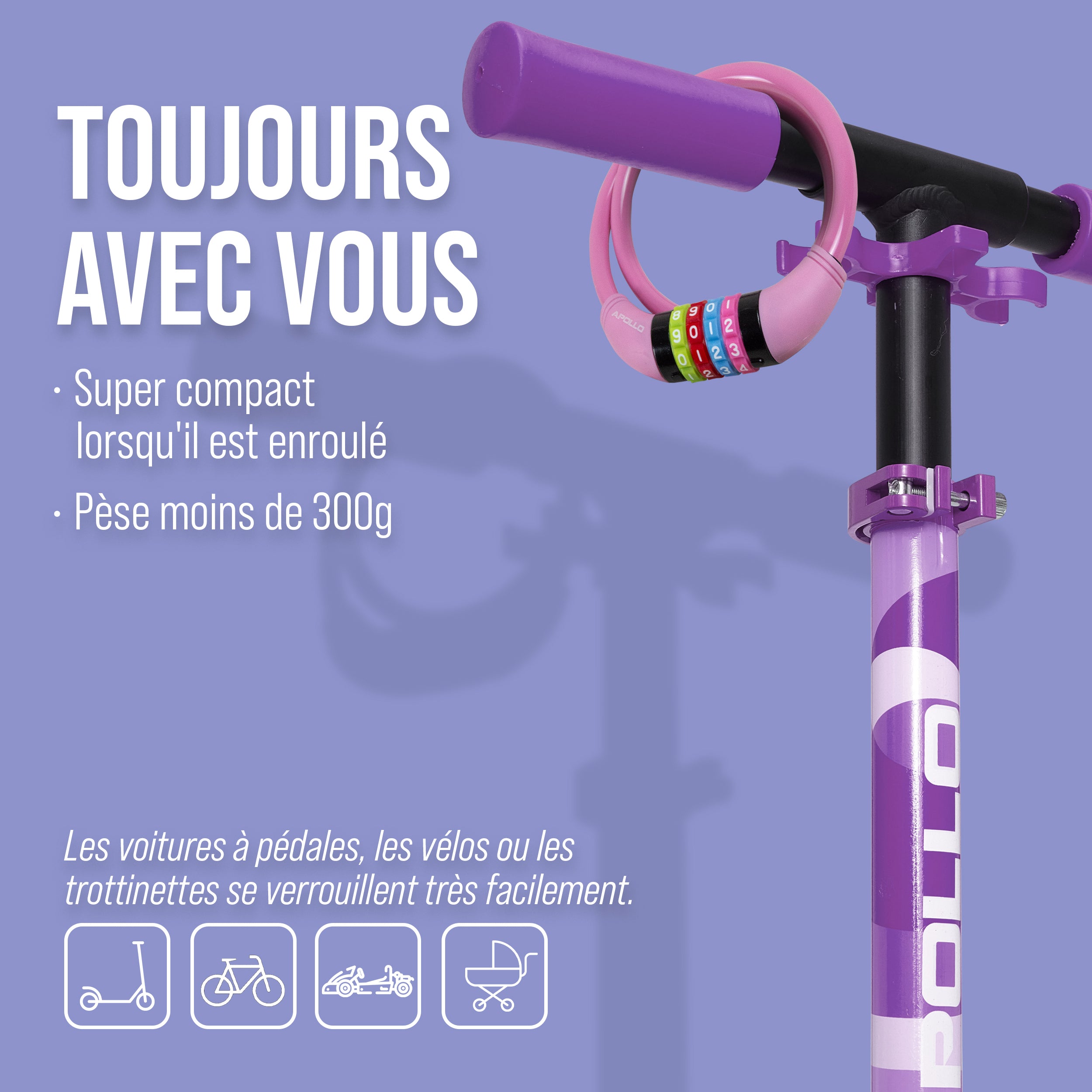 Apollo - Antivol de vélo avec chiffres pour enfants, 10x650 mm, antivol de scooter, cadenas à combinaison - Rose