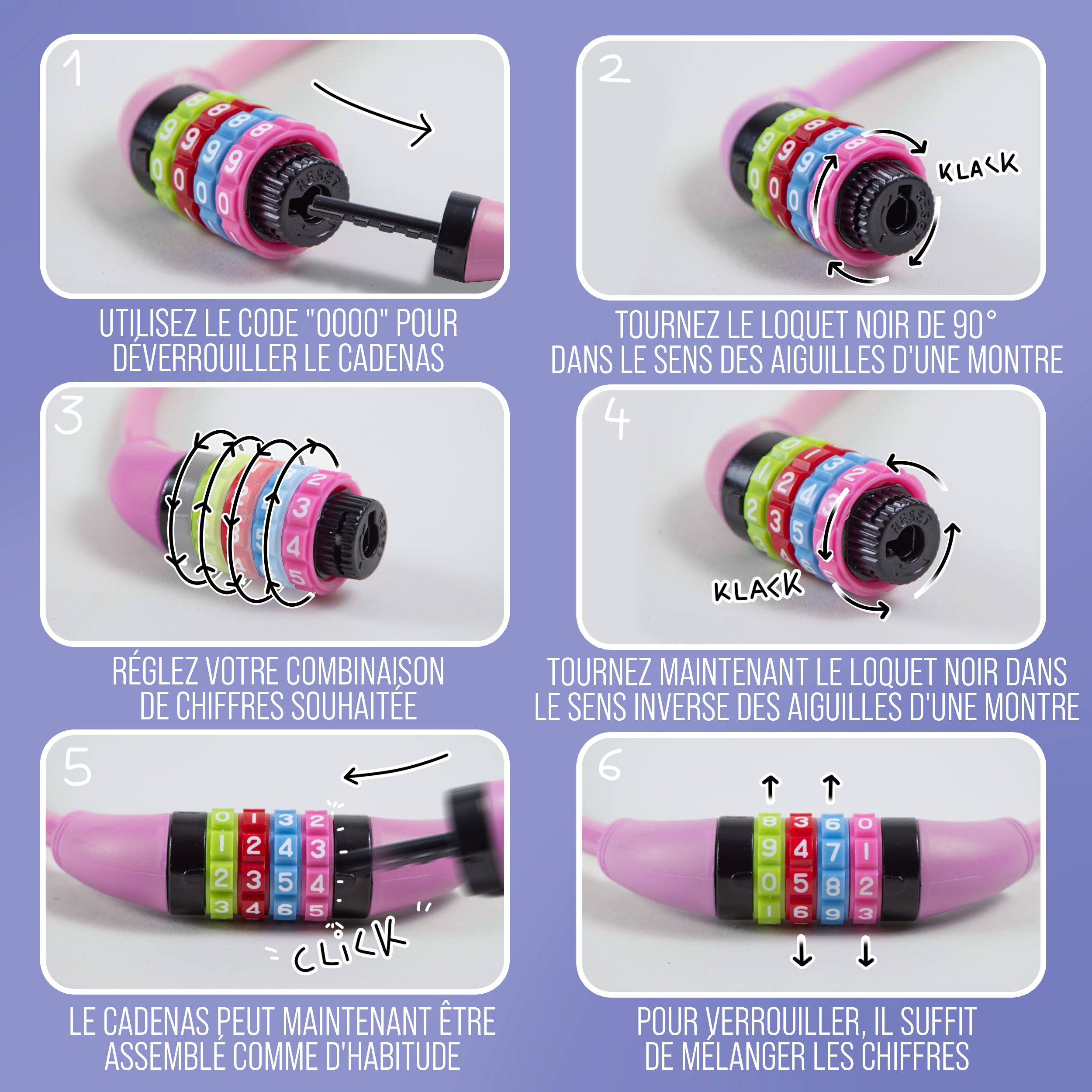 Apollo - Antivol de vélo avec chiffres pour enfants, 10x650 mm, antivol de scooter, cadenas à combinaison - Rose