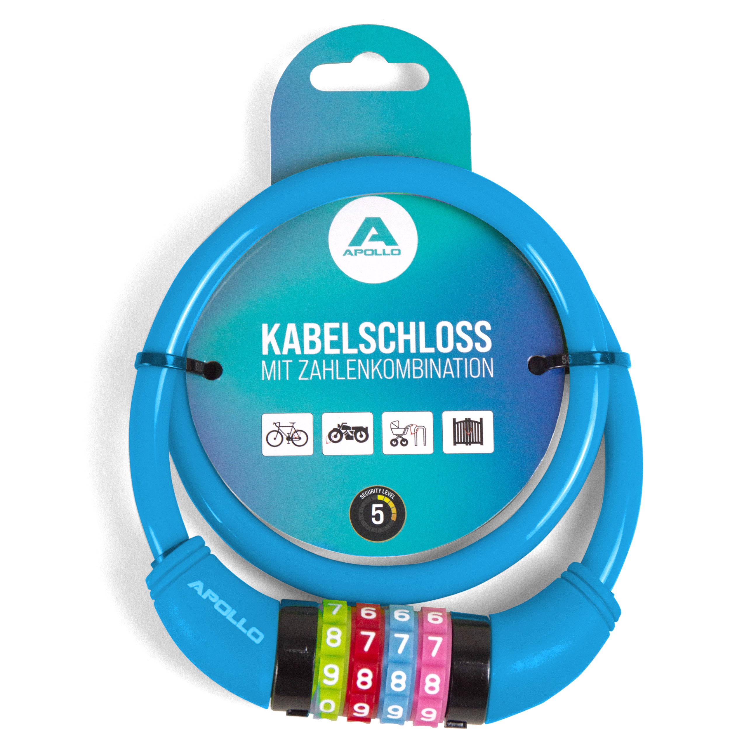 Apollo - Antivol de vélo avec chiffres pour enfants, 10x650 mm, antivol de scooter, cadenas à combinaison - Bleu