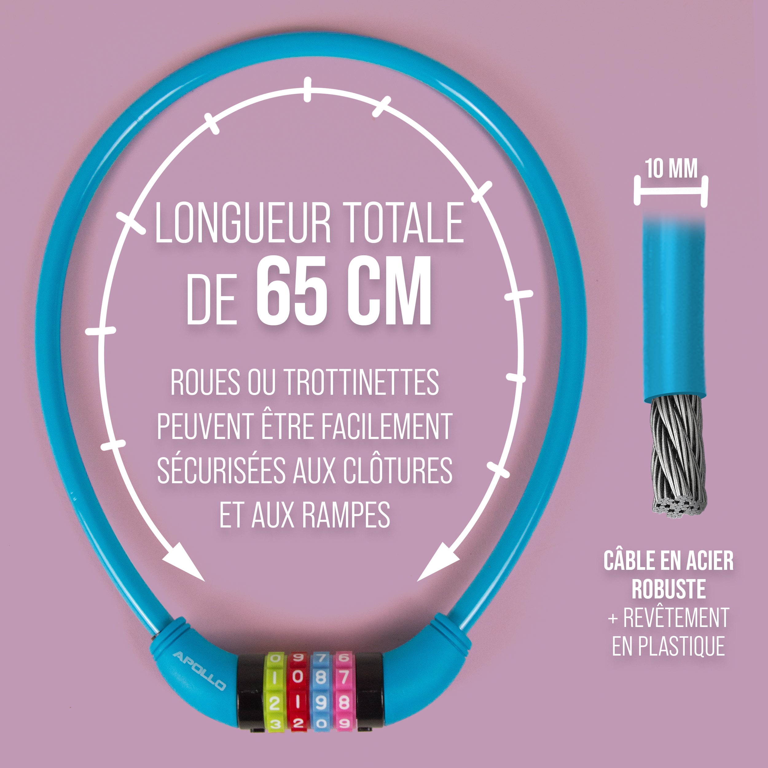 Apollo - Antivol de vélo avec chiffres pour enfants, 10x650 mm, antivol de scooter, cadenas à combinaison - Bleu