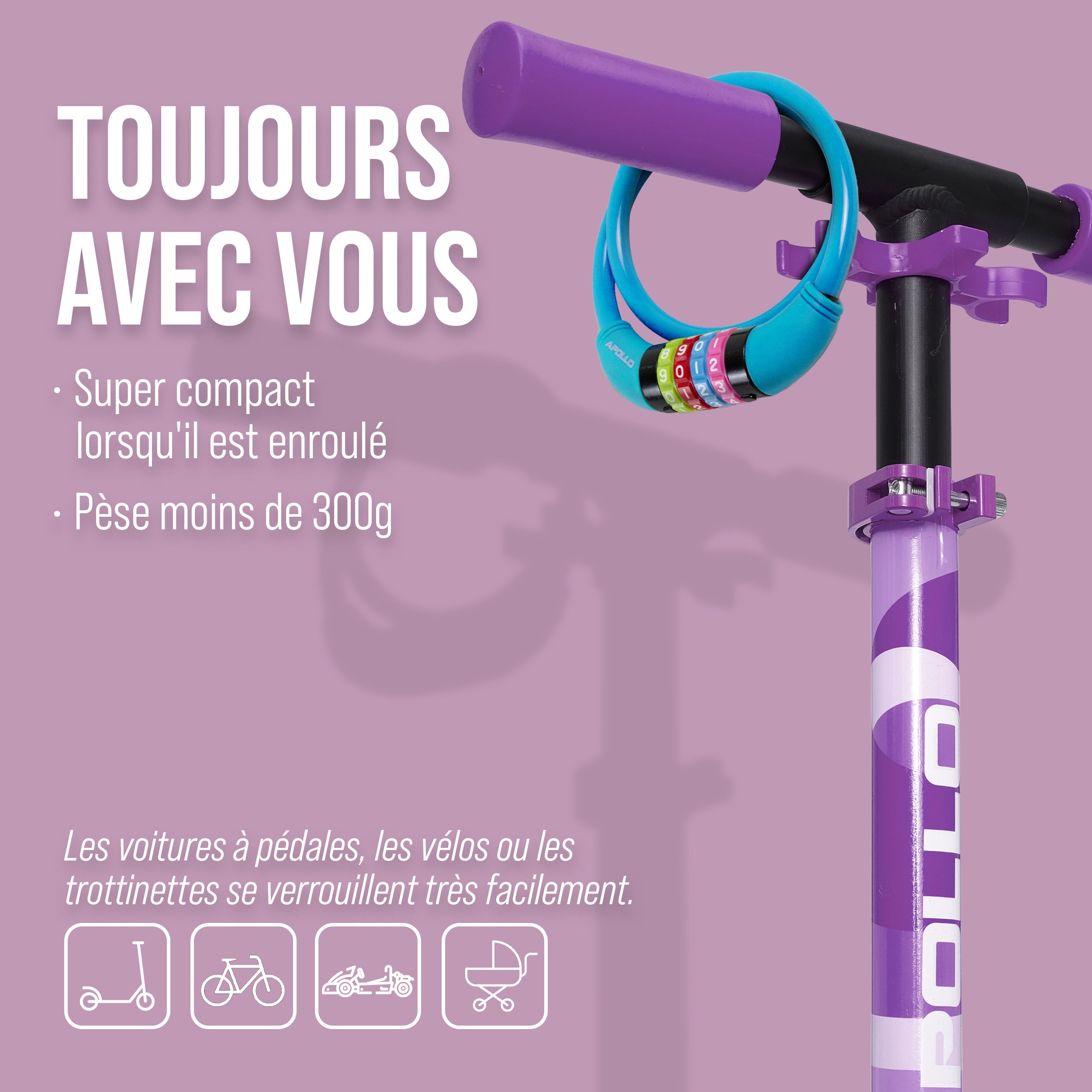 Apollo - Antivol de vélo avec chiffres pour enfants, 10x650 mm, antivol de scooter, cadenas à combinaison - Bleu