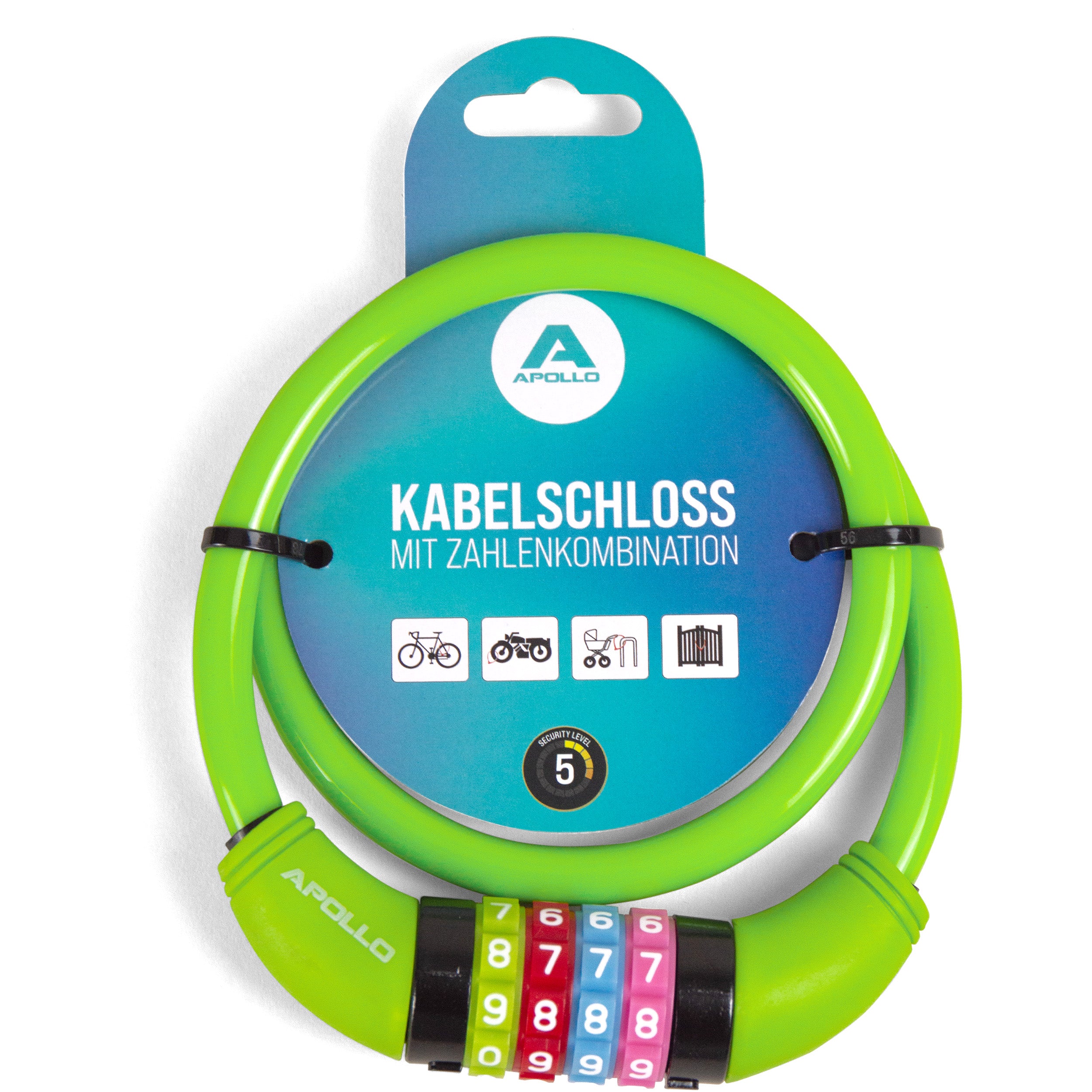 Apollo - Antivol de vélo avec chiffres pour enfants, 10x650 mm, antivol de scooter, cadenas à combinaison - Vert