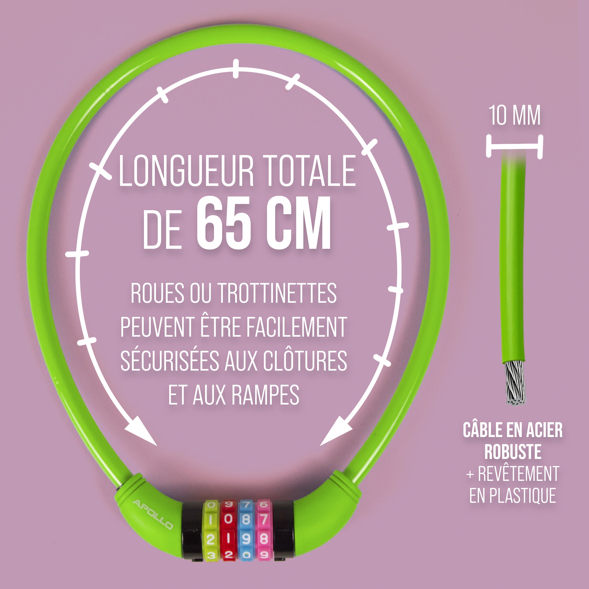 Apollo - Antivol de vélo avec chiffres pour enfants, 10x650 mm, antivol de scooter, cadenas à combinaison - Vert