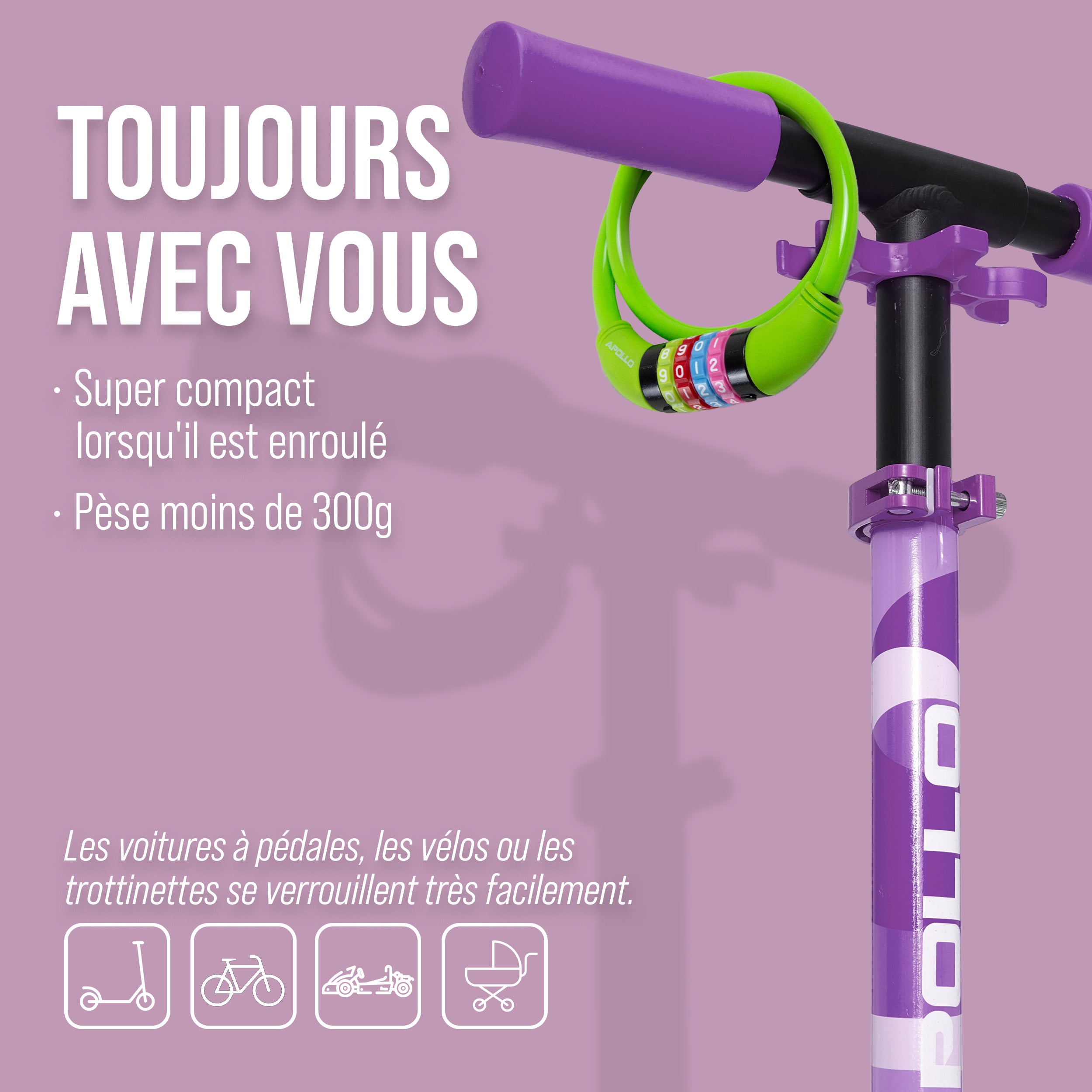 Apollo - Antivol de vélo avec chiffres pour enfants, 10x650 mm, antivol de scooter, cadenas à combinaison - Vert