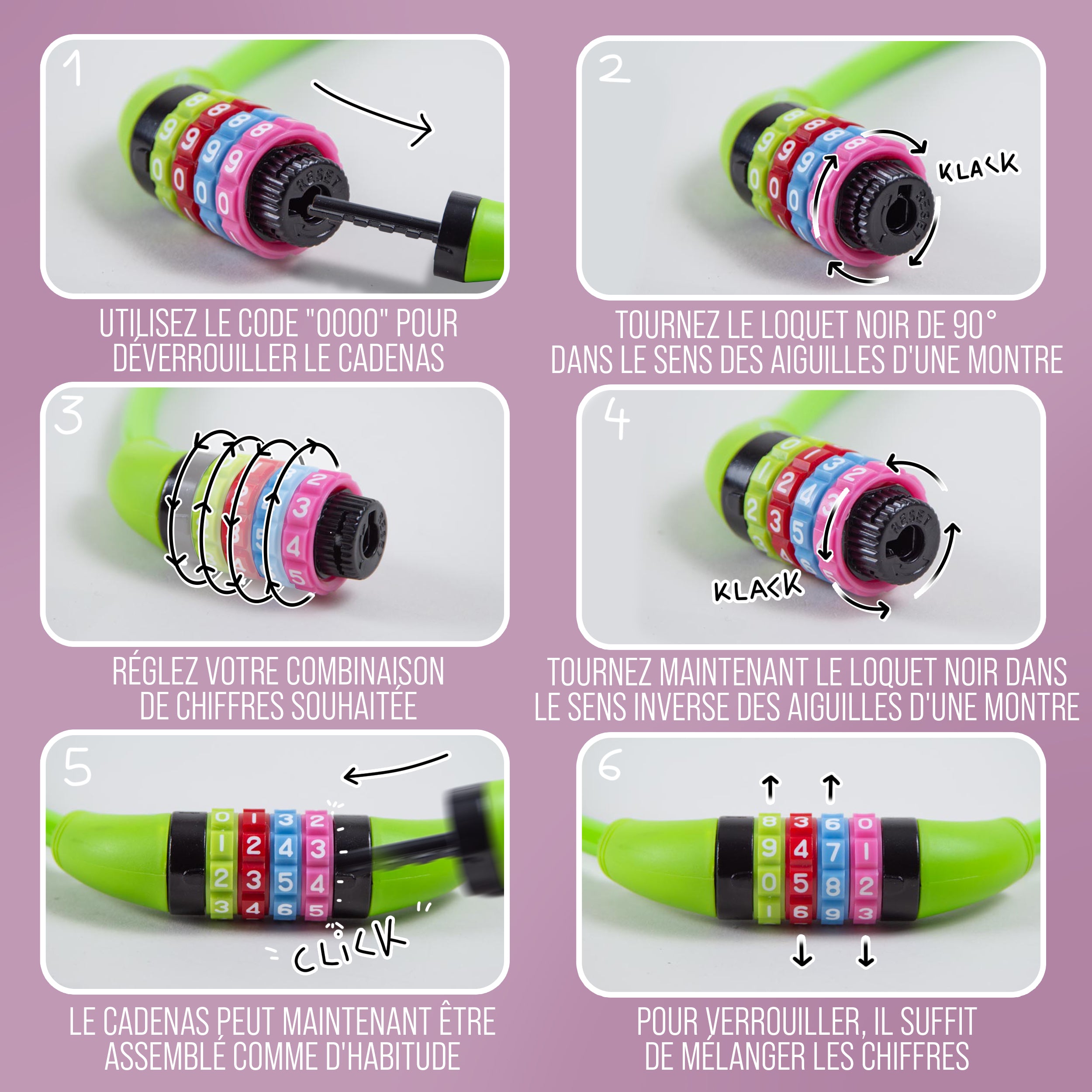 Apollo - Antivol de vélo avec chiffres pour enfants, 10x650 mm, antivol de scooter, cadenas à combinaison - Vert