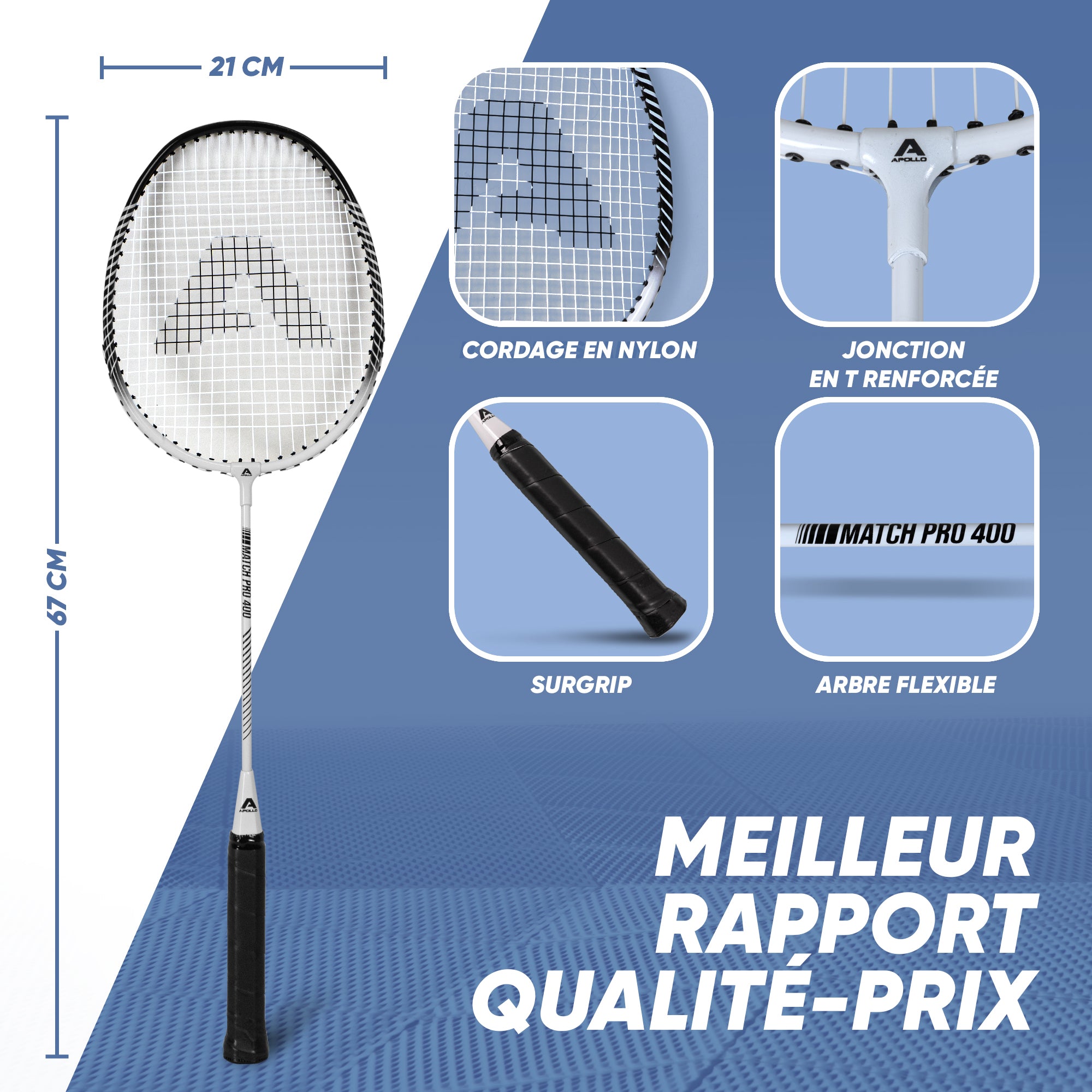 Apollo - Badminton Set Match Pro 400 - Raquette de badminton pour enfants et adultes - Blanc Noir