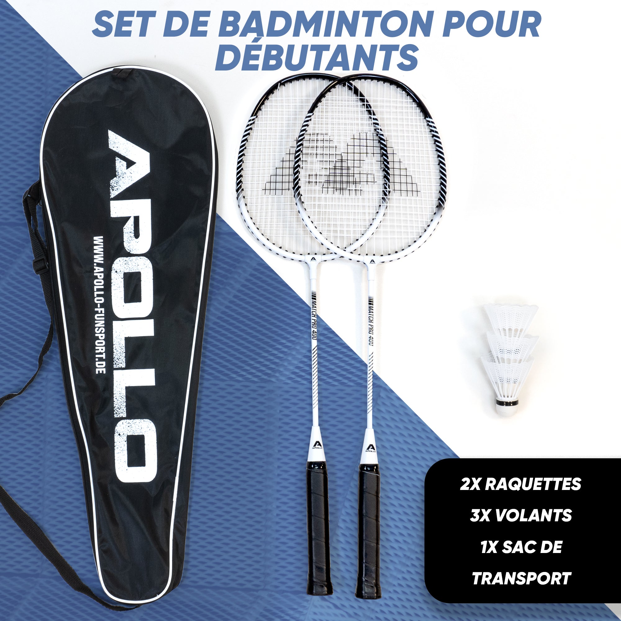 Apollo - Badminton Set Match Pro 400 - Raquette de badminton pour enfants et adultes - Blanc Noir