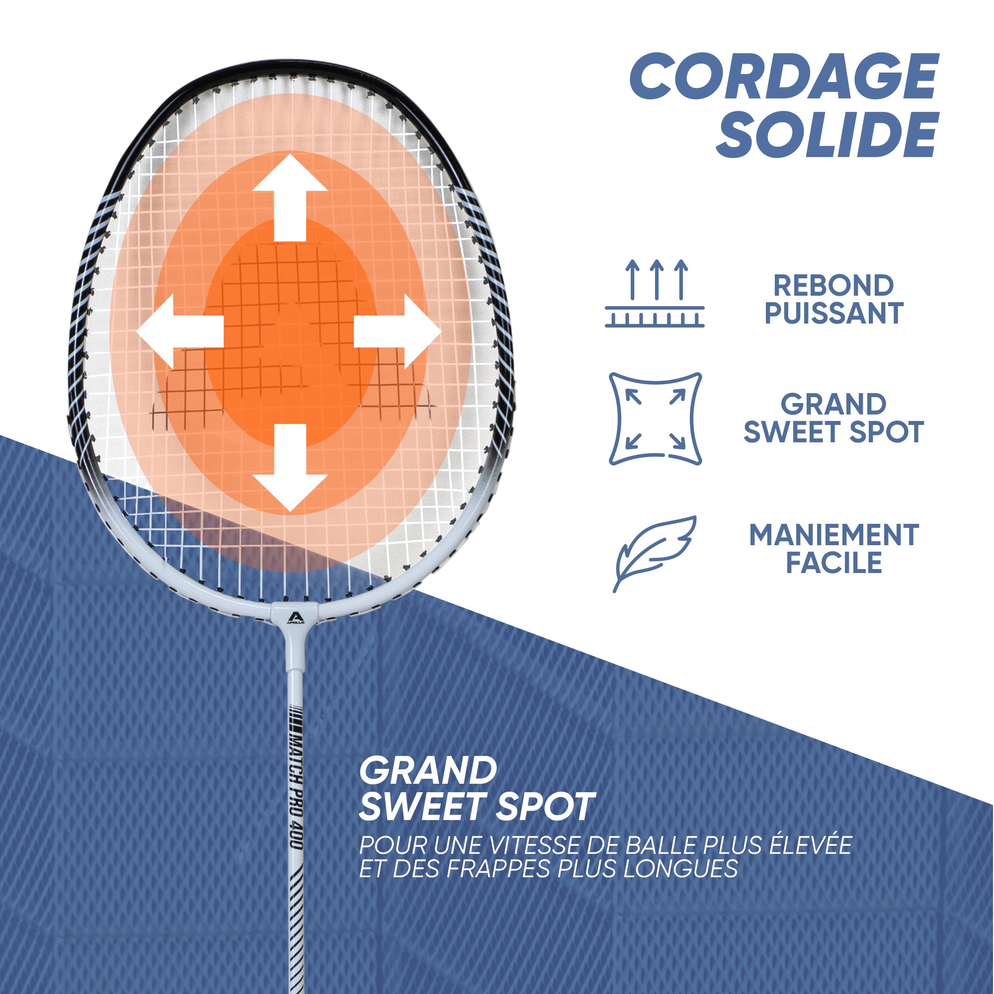 Apollo - Badminton Set Match Pro 400 - Raquette de badminton pour enfants et adultes - Blanc Noir