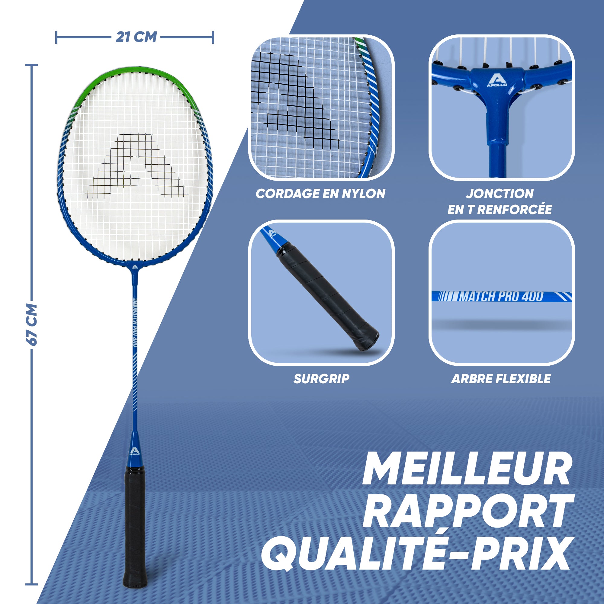 Apollo - Badminton Set Match Pro 400 - Raquette de badminton pour enfants et adultes - Bleu Vert