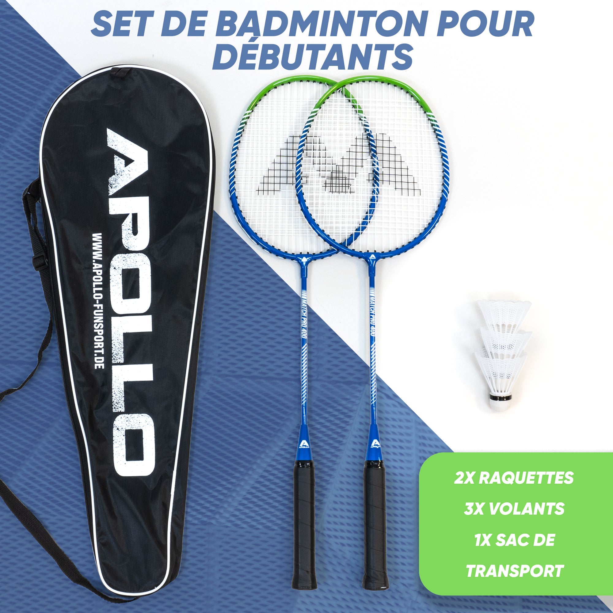 Apollo - Badminton Set Match Pro 400 - Raquette de badminton pour enfants et adultes - Bleu Vert