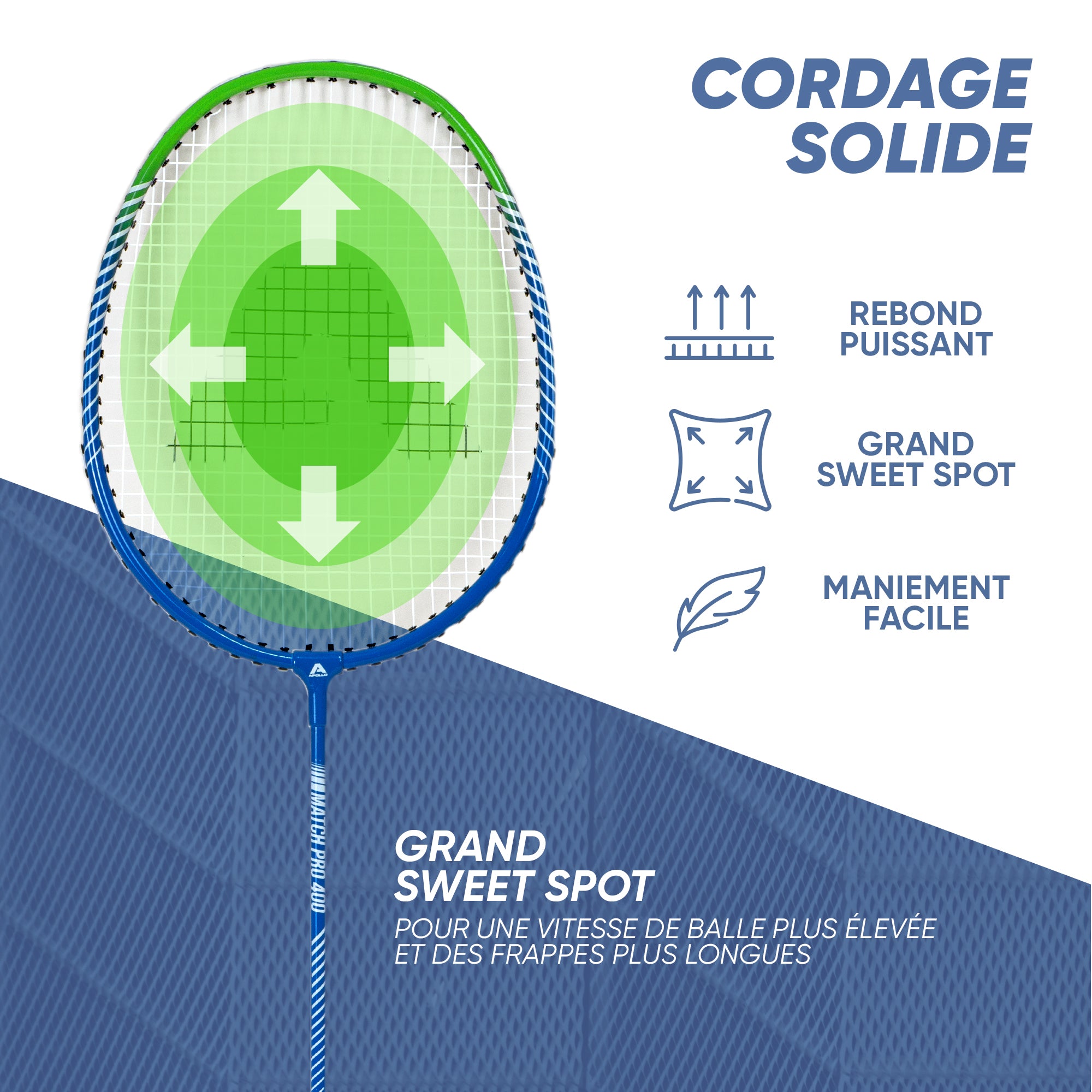 Apollo - Badminton Set Match Pro 400 - Raquette de badminton pour enfants et adultes - Bleu Vert