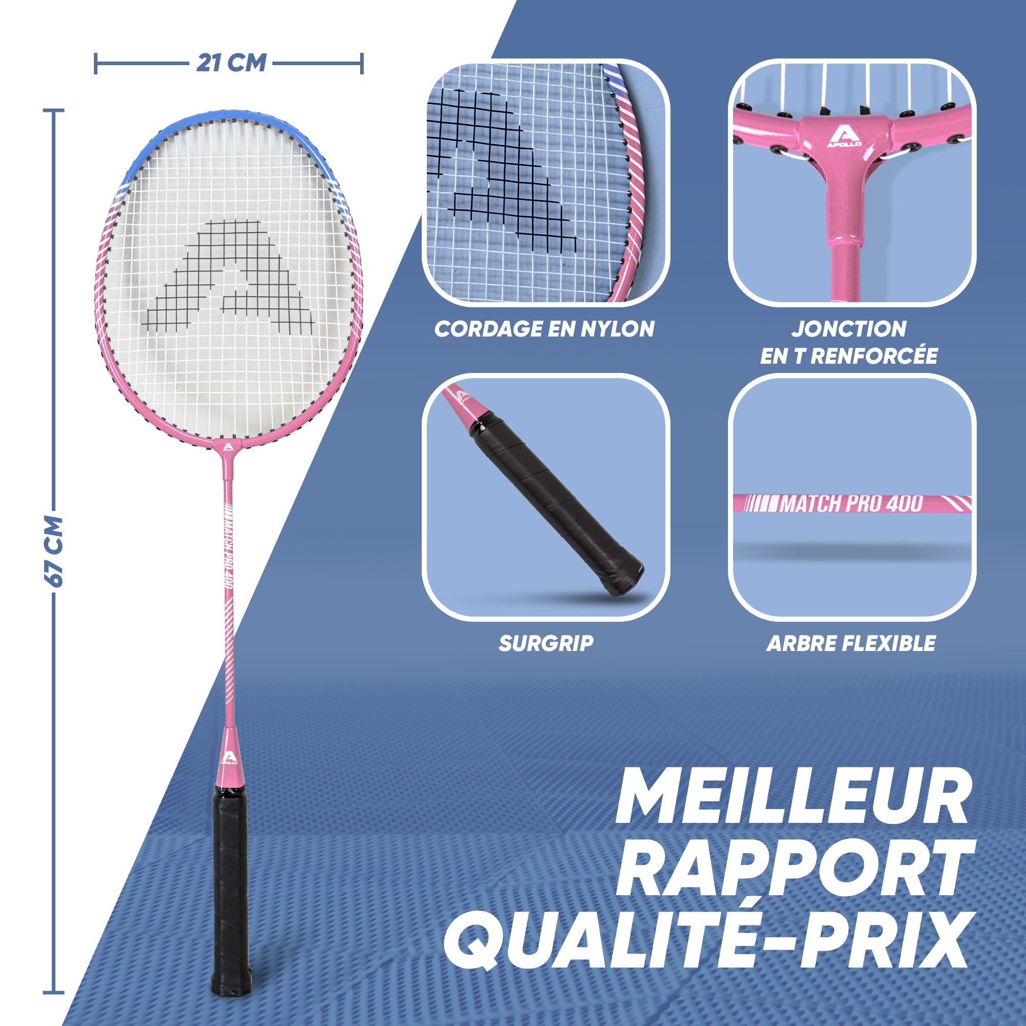 Apollo - Badminton Set Match Pro 400 - Raquette de badminton pour enfants et adultes - Bleu Rose