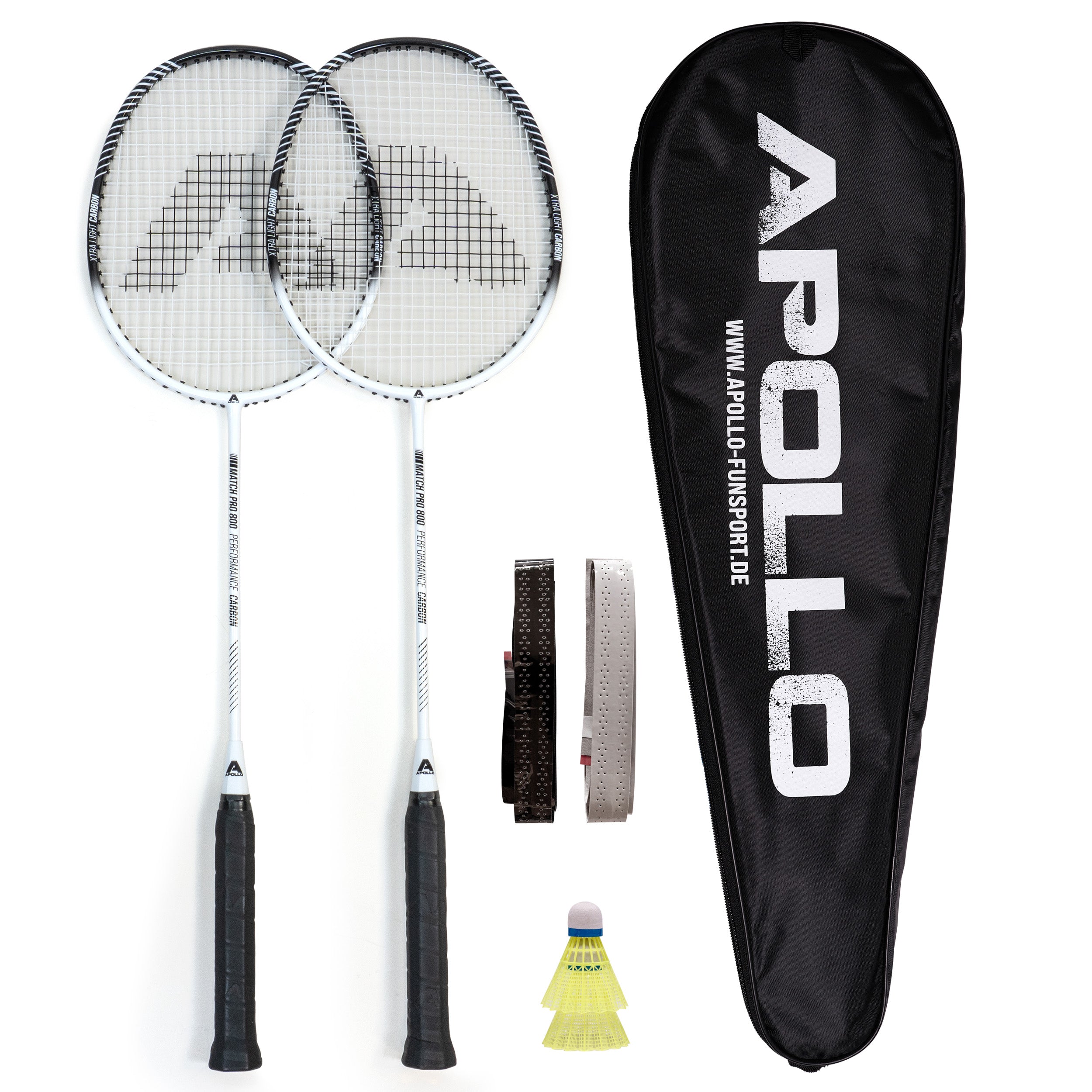 Apollo - Set de badminton Match Pro 800 – inclus : sac de transport, 2 raquettes, volants - Blanc Noir