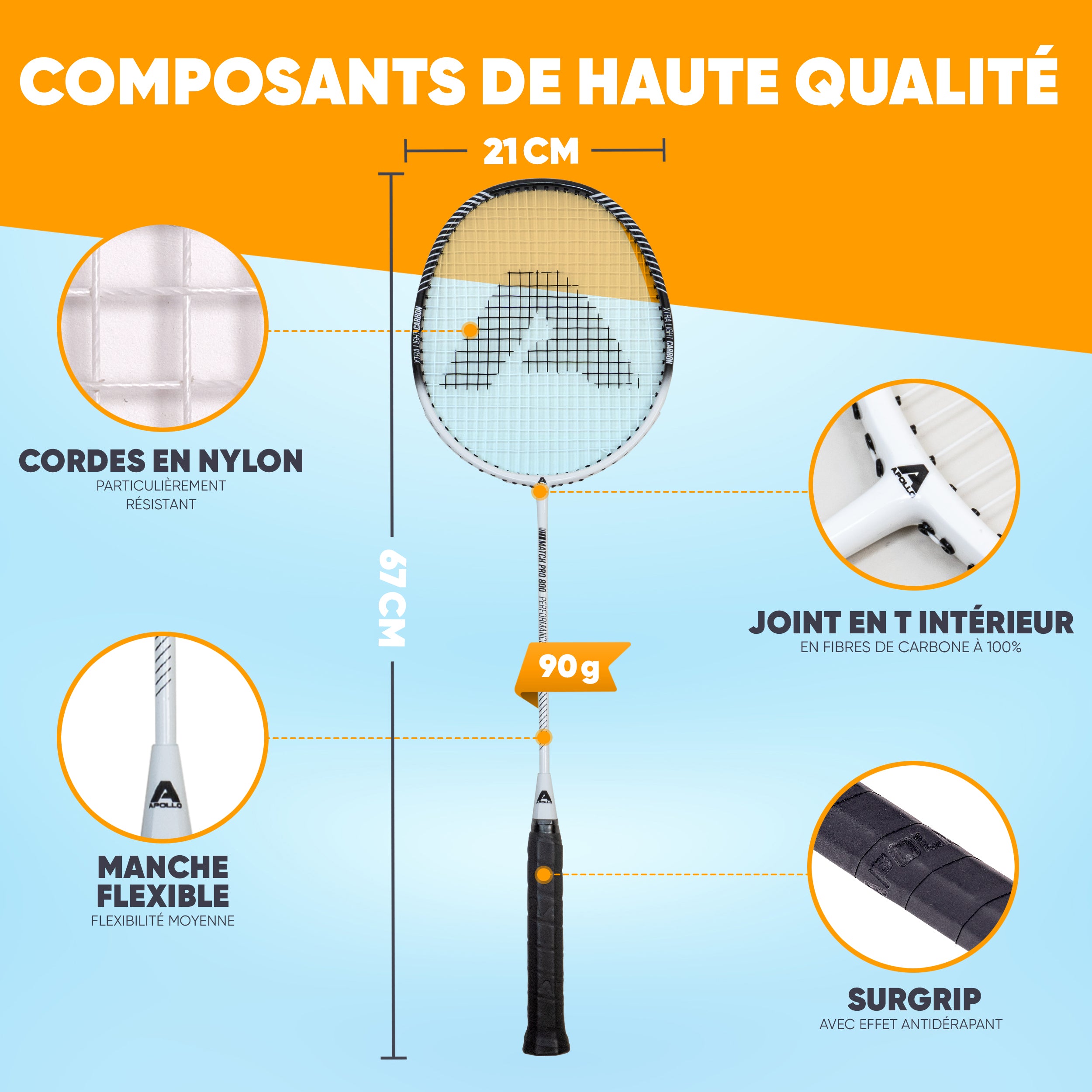 Apollo - Set de badminton Match Pro 800 – inclus : sac de transport, 2 raquettes, volants - Blanc Noir