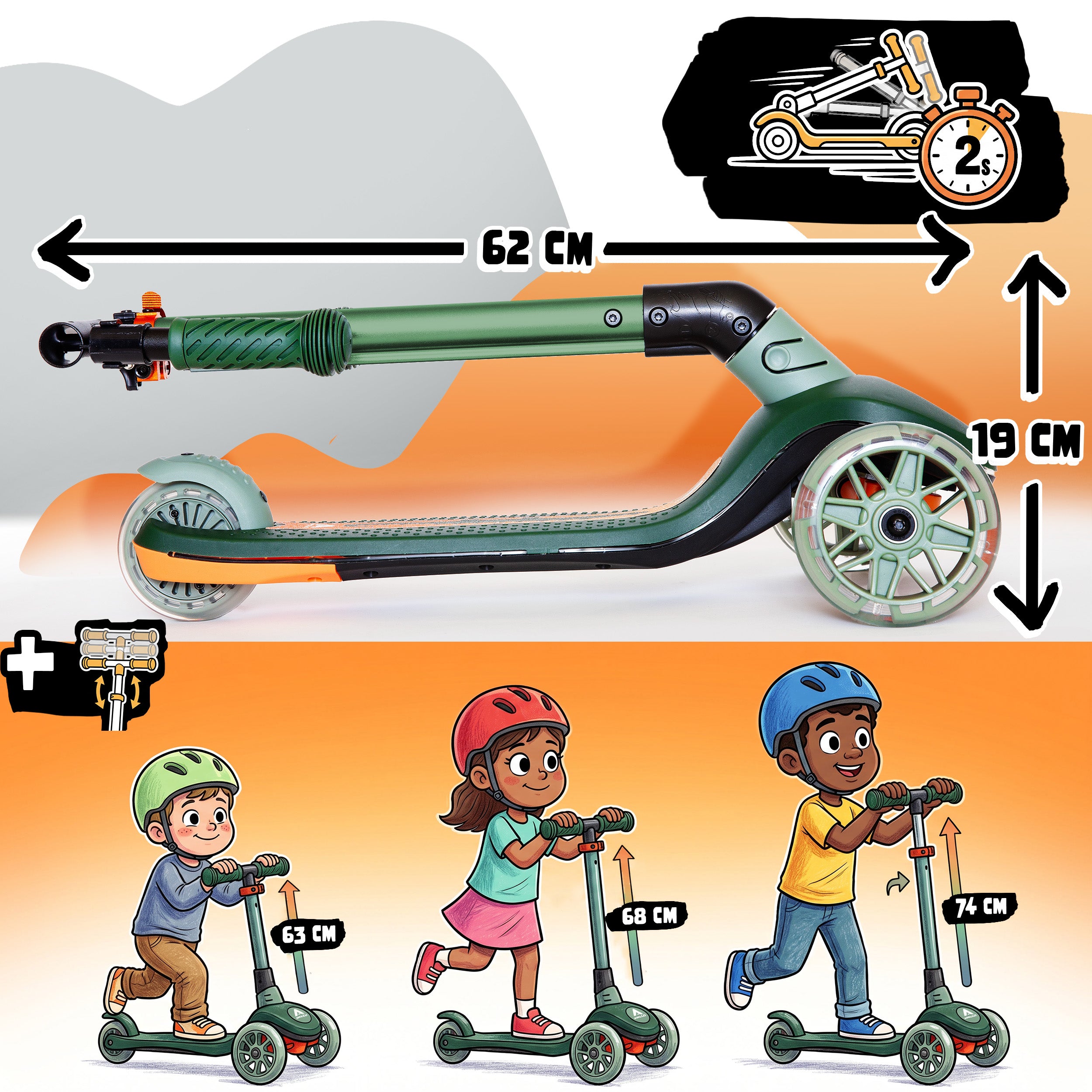 Apollo Funsport France - Trottinette enfant Apollo Whizzie LED, trottinette pliable à trois roues réglable en hauteur pour les enfants à partir de 3 ans - Croco