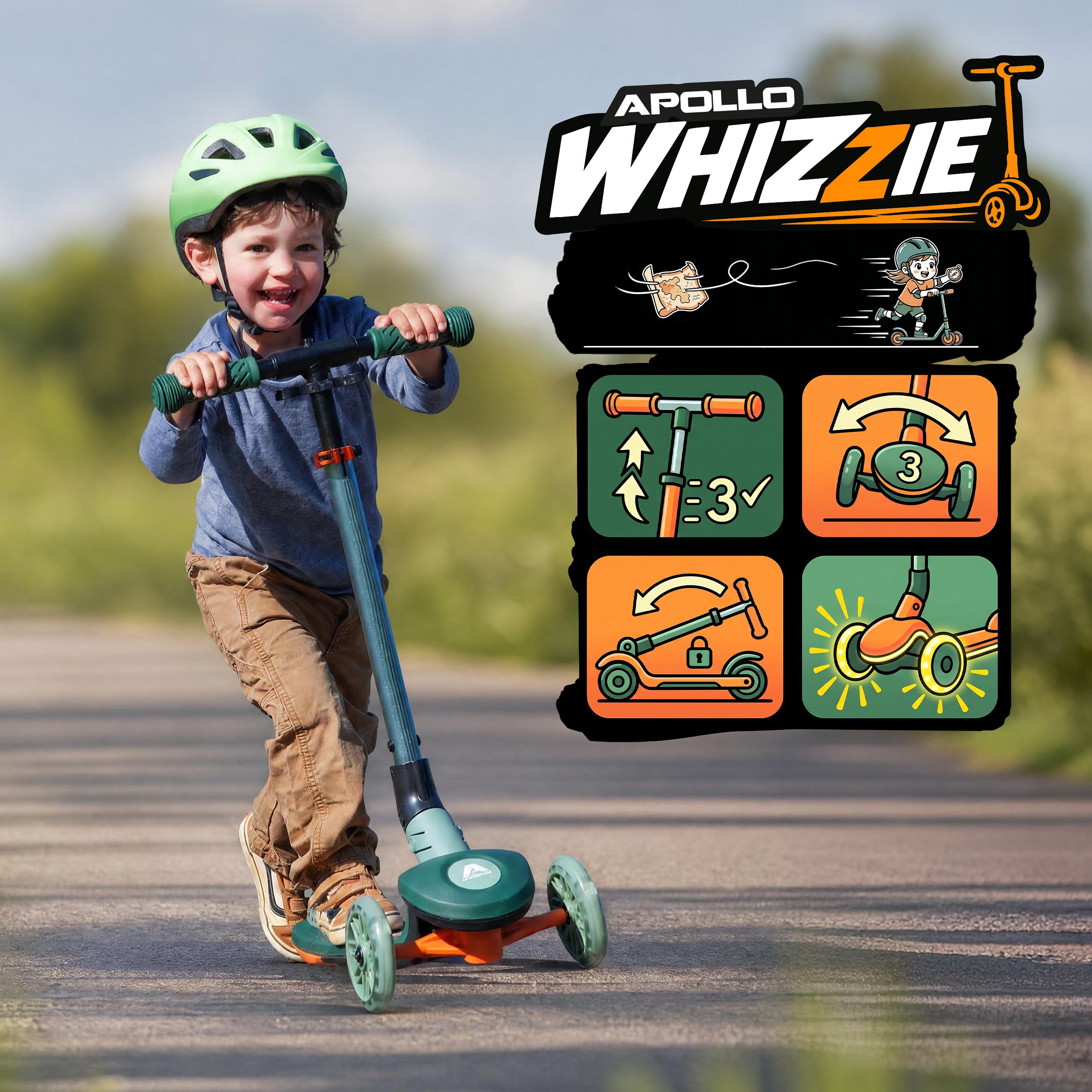 Apollo Funsport France - Trottinette enfant Apollo Whizzie LED, trottinette pliable à trois roues réglable en hauteur pour les enfants à partir de 3 ans - Croco
