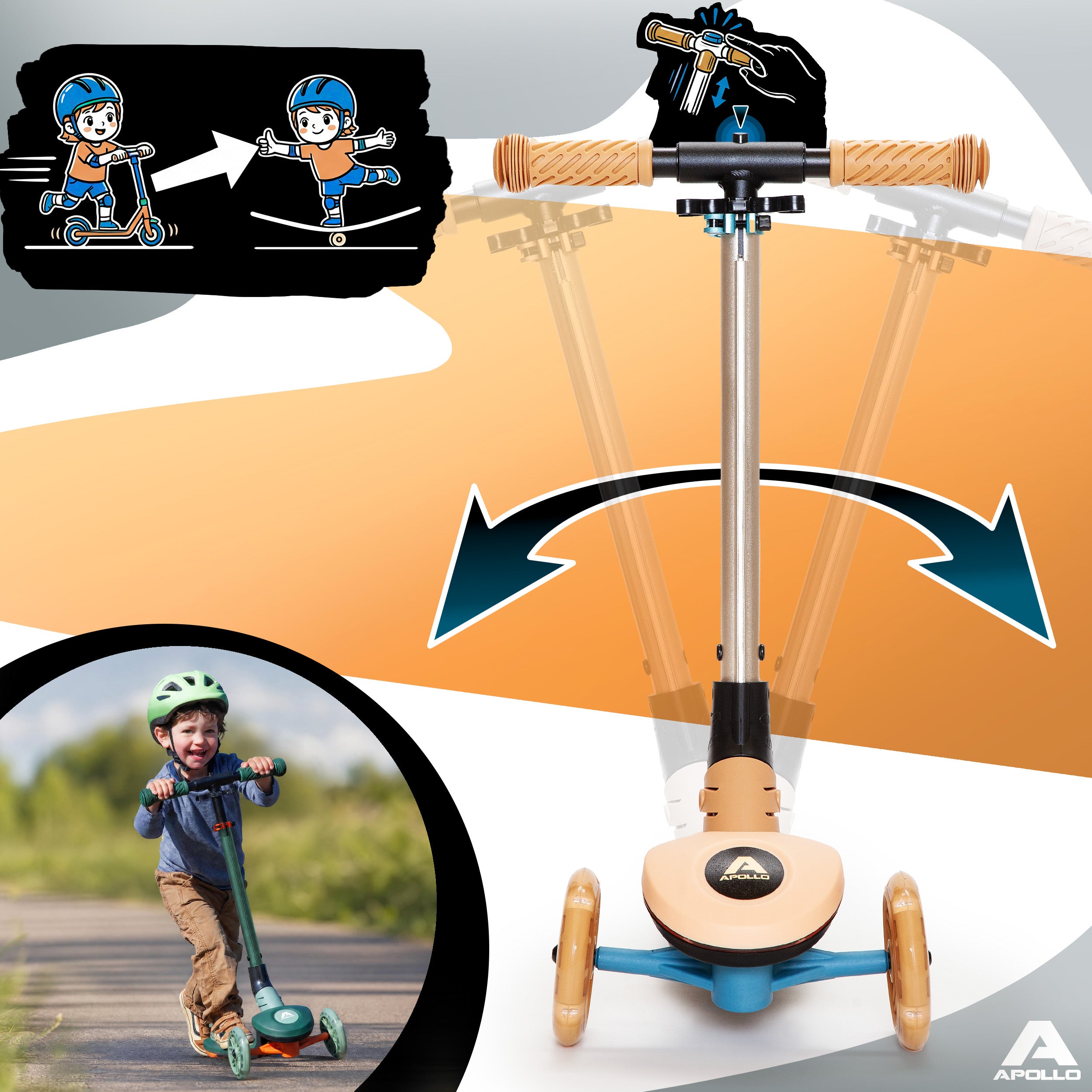 Apollo Funsport France - Trottinette enfant Apollo Whizzie LED, trottinette pliable à trois roues réglable en hauteur pour les enfants à partir de 3 ans - Girafe