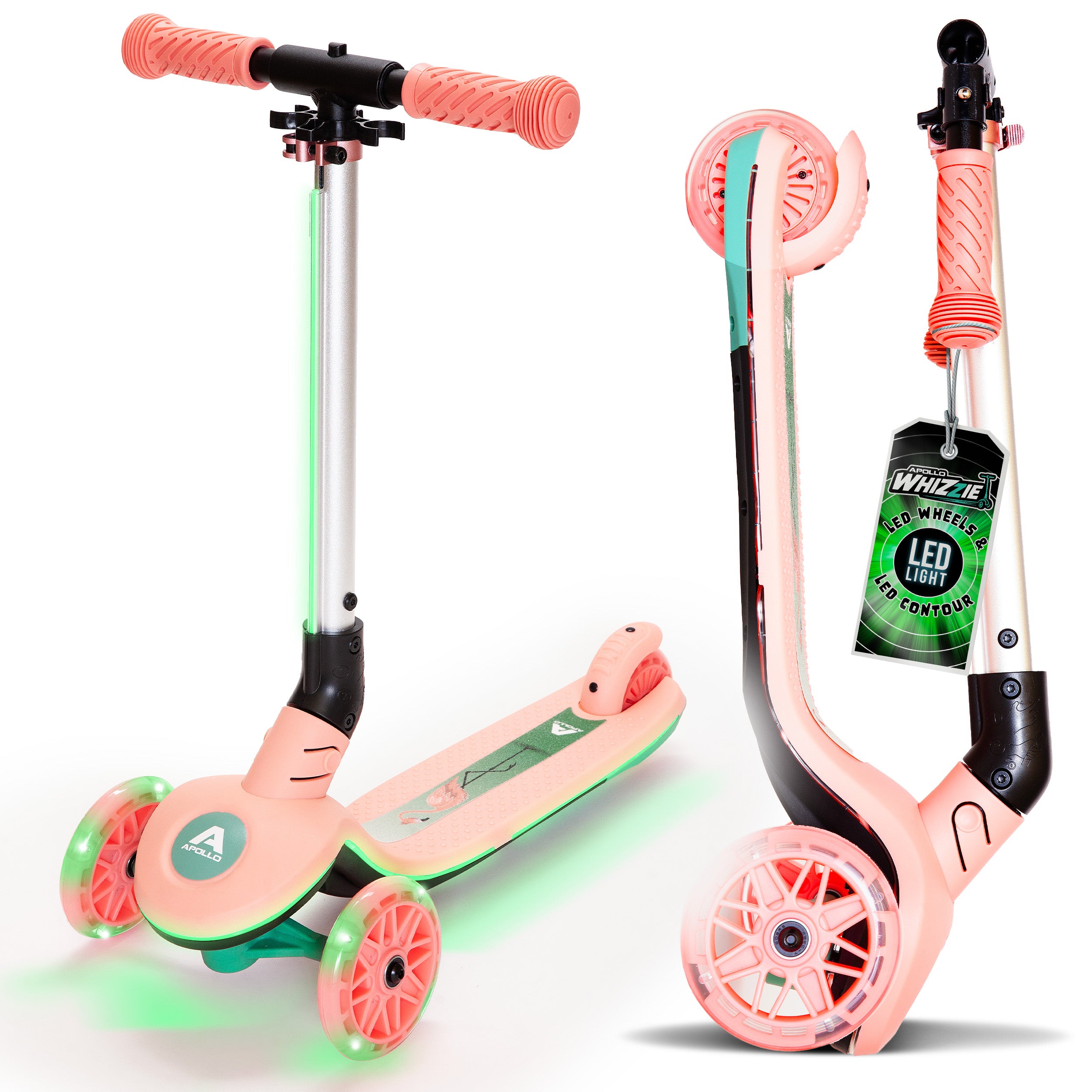 Apollo Funsport France - Trottinette enfant Apollo Whizzie LED, trottinette pliable à trois roues réglable en hauteur pour les enfants à partir de 3 ans - Flamant rose