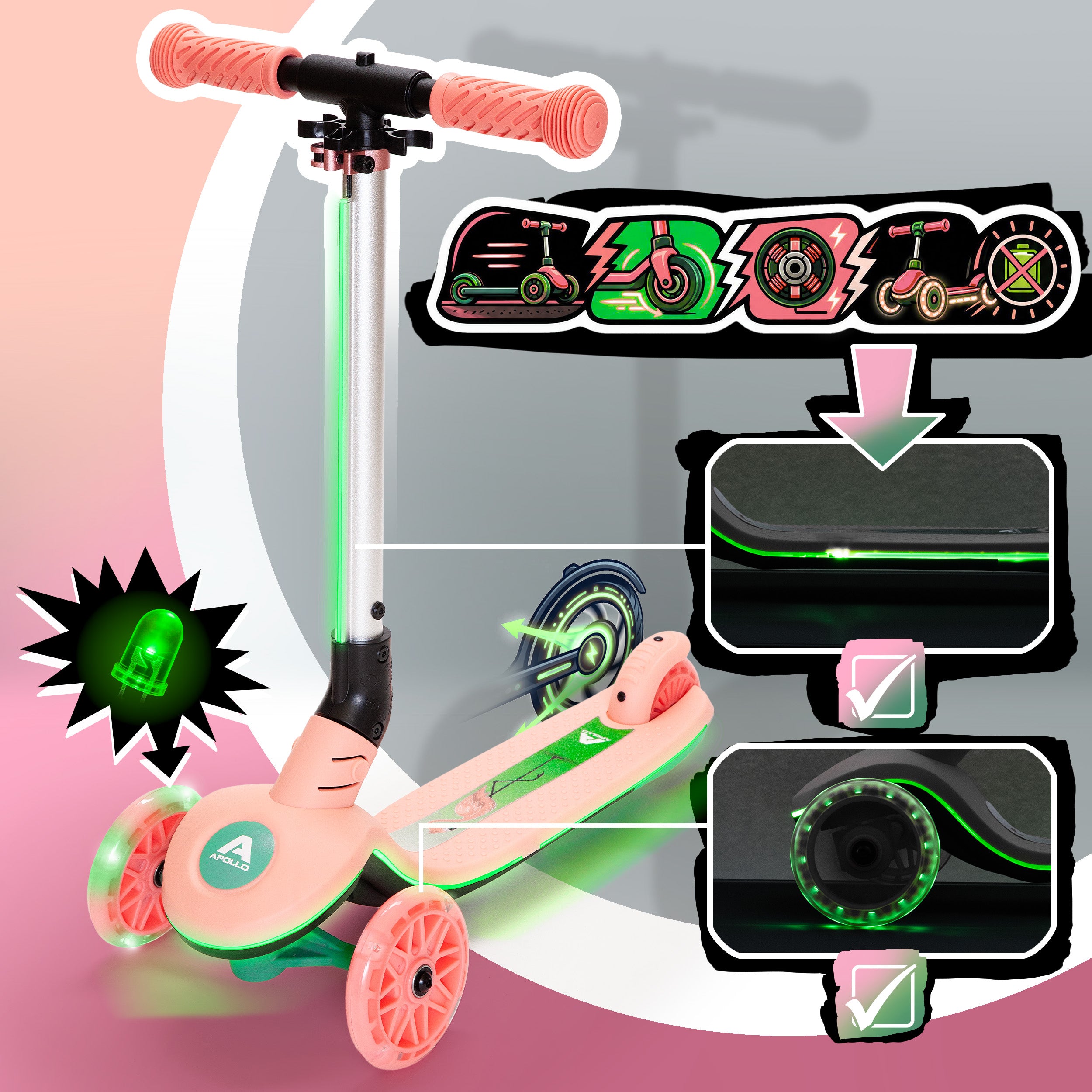 Apollo Funsport France - Trottinette enfant Apollo Whizzie LED, trottinette pliable à trois roues réglable en hauteur pour les enfants à partir de 3 ans - Flamant rose