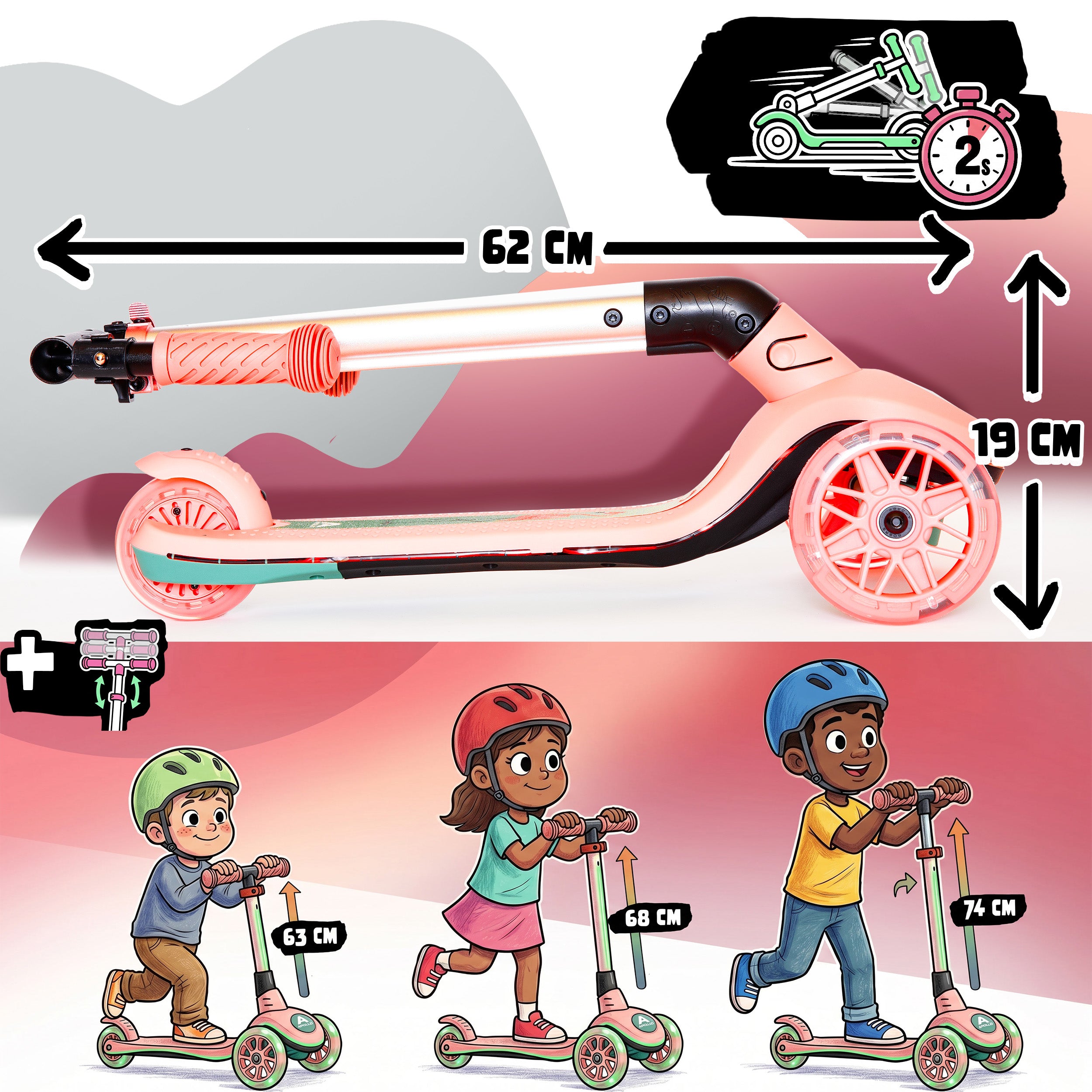 Apollo Funsport France - Trottinette enfant Apollo Whizzie LED, trottinette pliable à trois roues réglable en hauteur pour les enfants à partir de 3 ans - Flamant rose