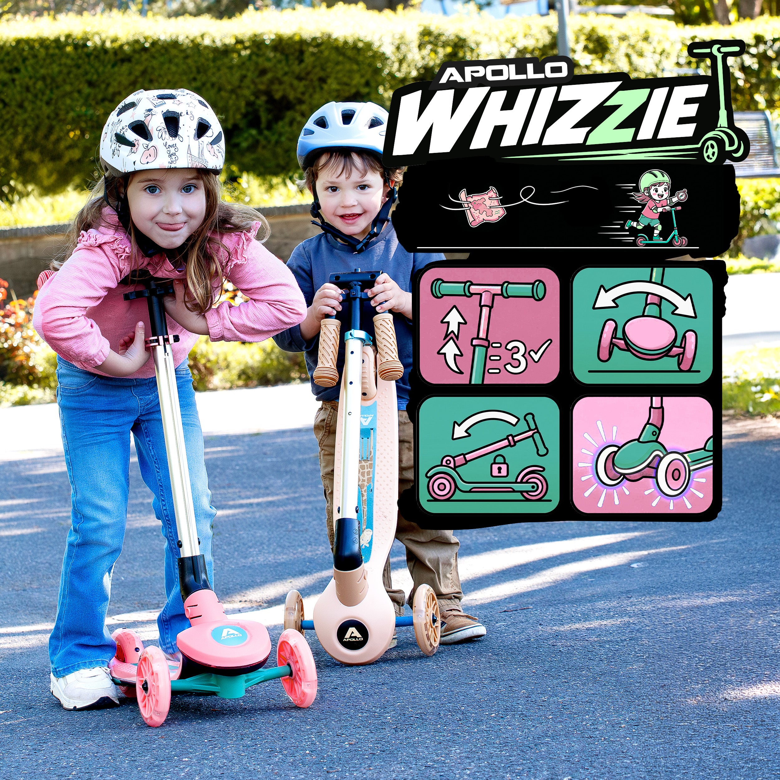 Apollo Funsport France - Trottinette enfant Apollo Whizzie LED, trottinette pliable à trois roues réglable en hauteur pour les enfants à partir de 3 ans - Flamant rose