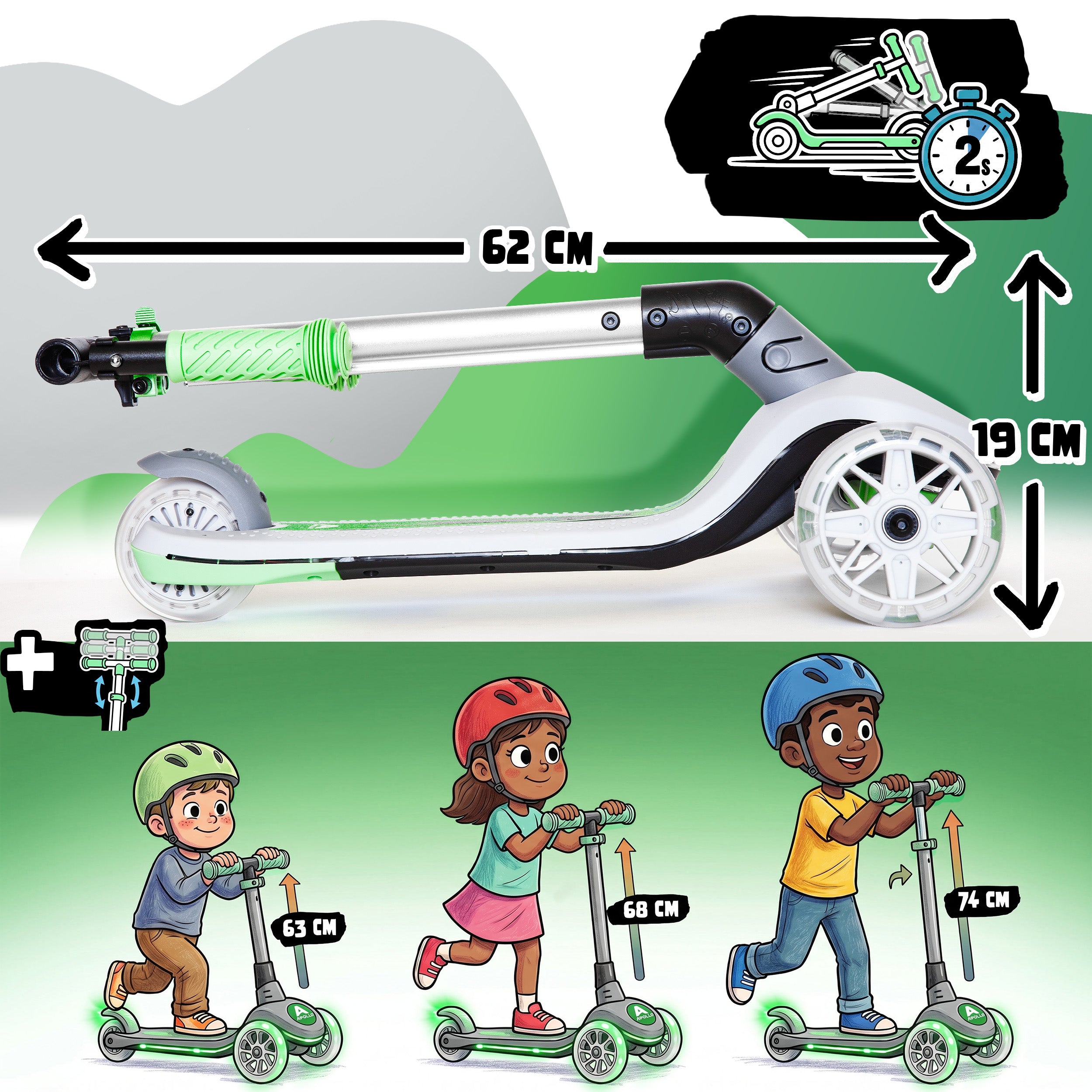 Apollo Funsport France - Trottinette enfant Apollo Whizzie LED, trottinette pliable à trois roues réglable en hauteur pour les enfants à partir de 3 ans - Chat