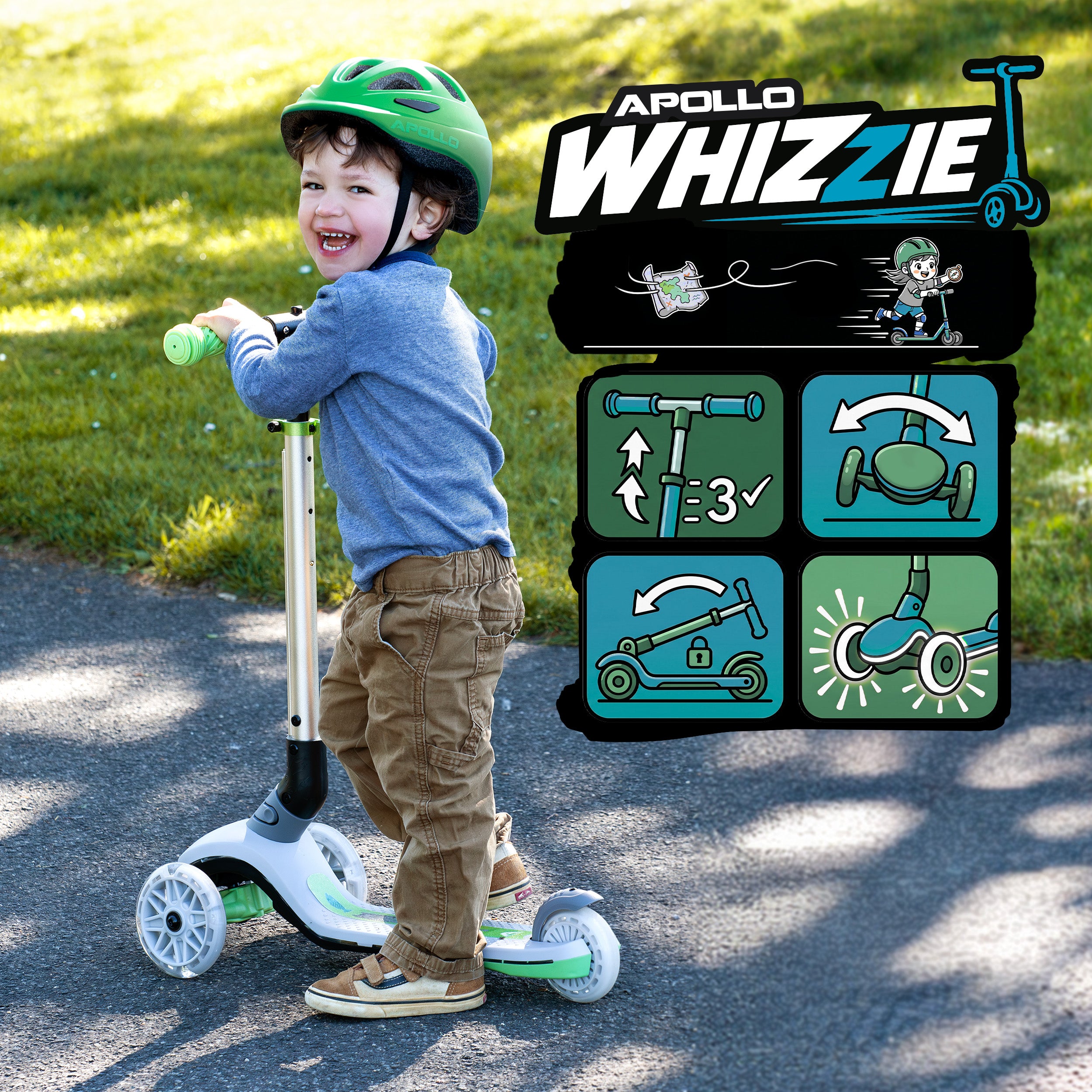 Apollo Funsport France - Trottinette enfant Apollo Whizzie LED, trottinette pliable à trois roues réglable en hauteur pour les enfants à partir de 3 ans - Chat