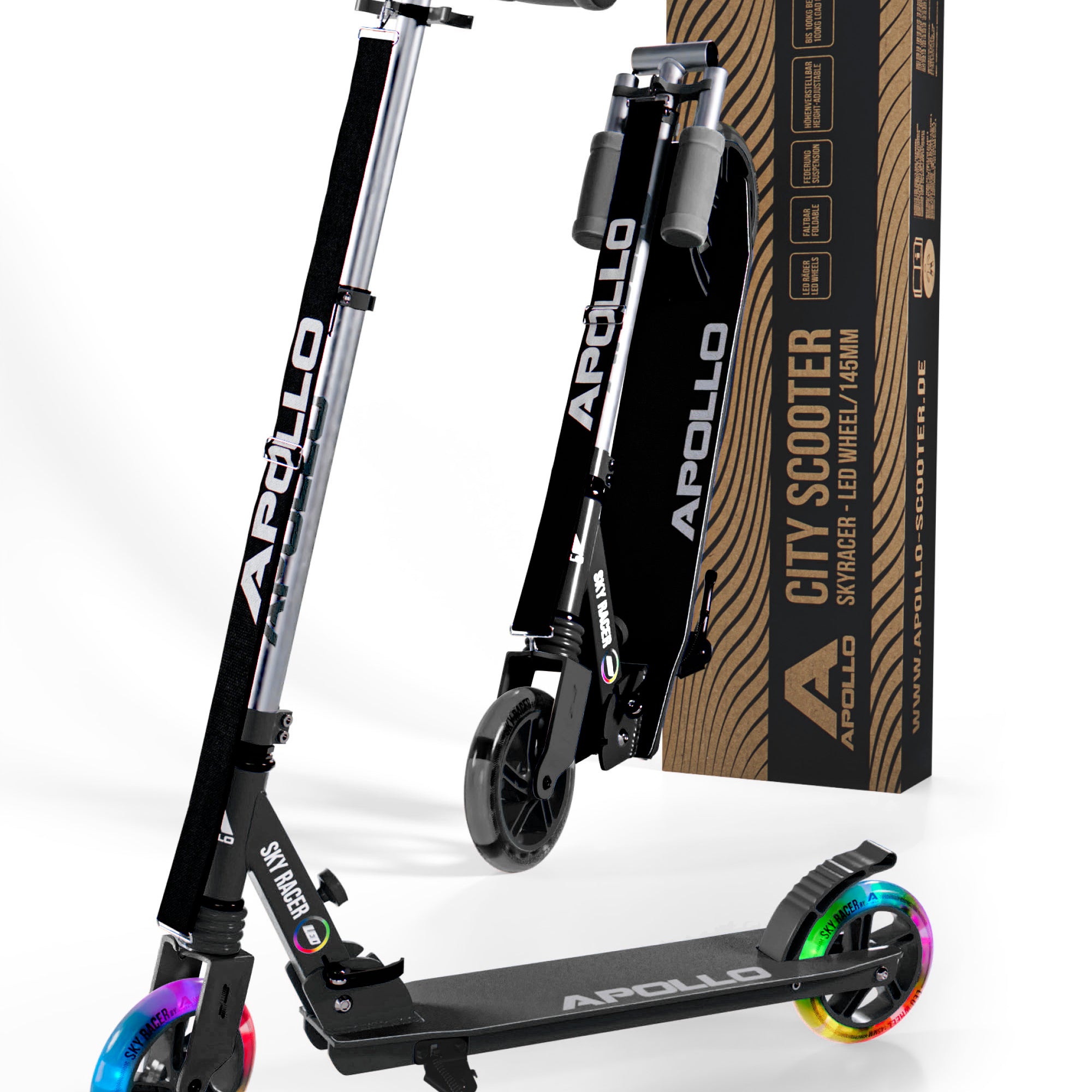 Apollo - Trottinette Skyracer - trottinette urbaine à suspension avec roues LED 145 mm - Noir