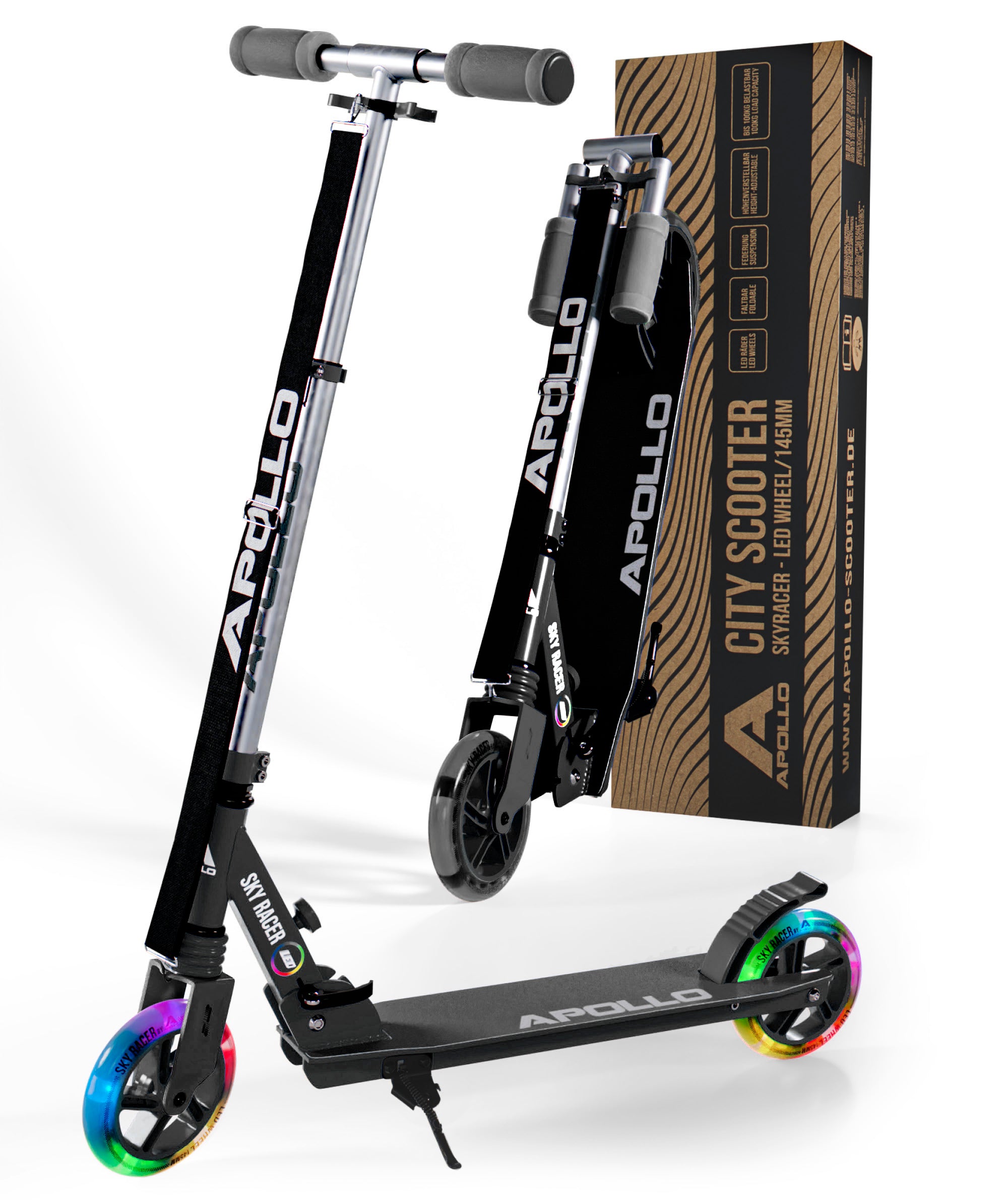 Apollo - Trottinette Skyracer - trottinette urbaine à suspension avec roues LED 145 mm - Noir