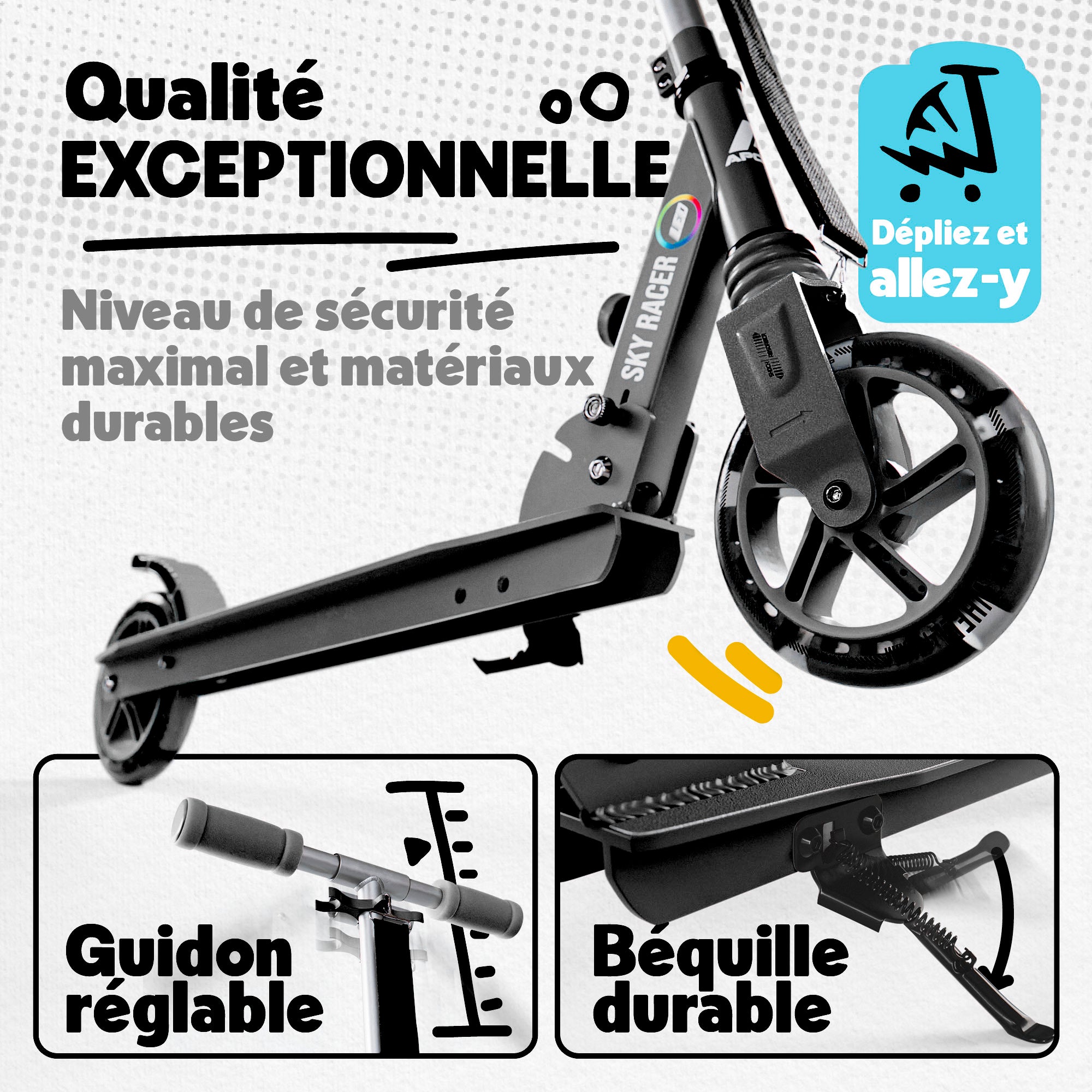 Apollo - Trottinette Skyracer - trottinette urbaine à suspension avec roues LED 145 mm - Noir
