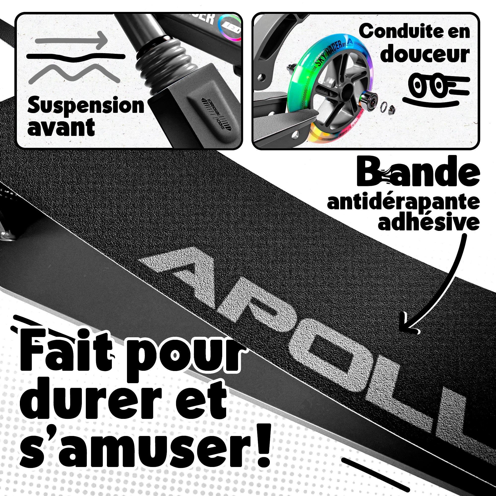 Apollo - Trottinette Skyracer - trottinette urbaine à suspension avec roues LED 145 mm - Noir