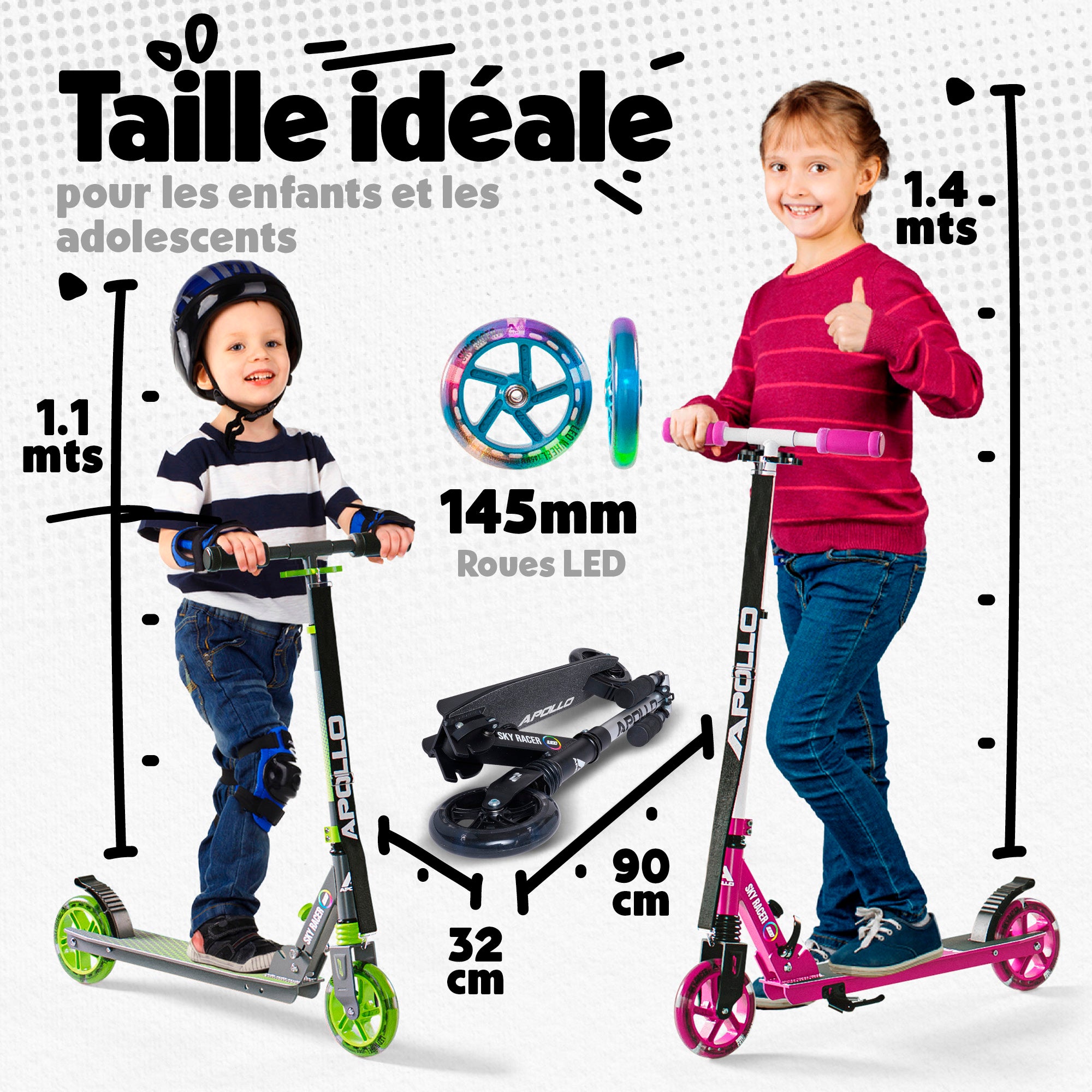 Apollo - Trottinette Skyracer - trottinette urbaine à suspension avec roues LED 145 mm - Noir