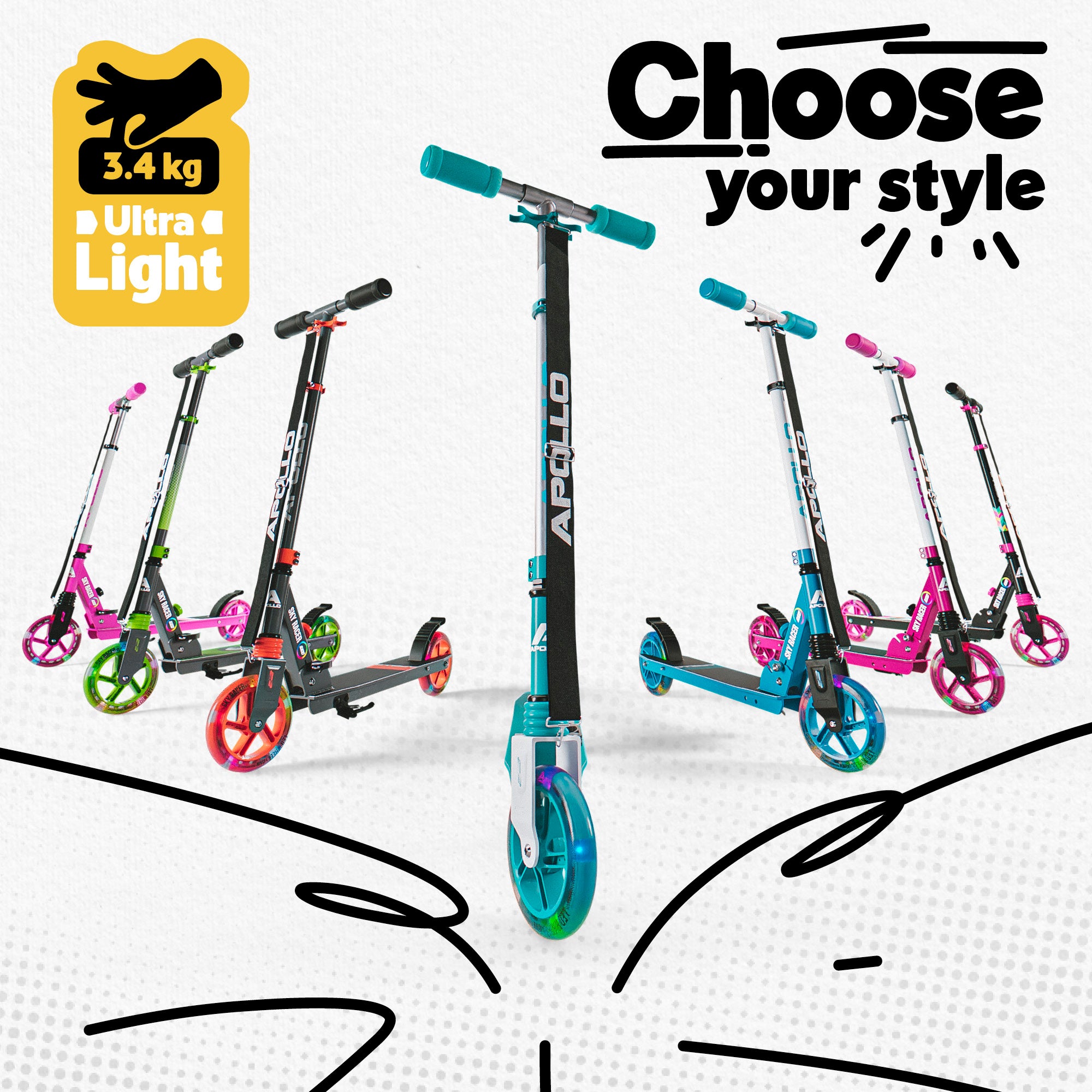 Apollo - Trottinette Skyracer - trottinette urbaine à suspension avec roues LED 145 mm - Noir