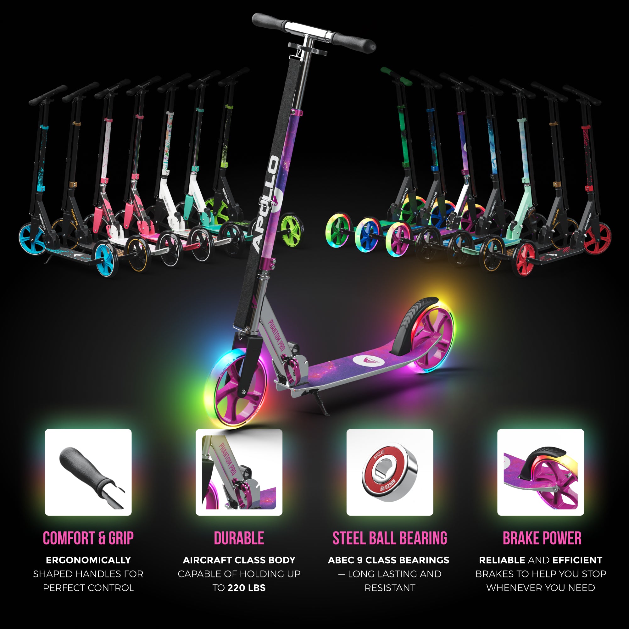 Apollo - Trottinette avec roues XXL Phantom pour adultes et enfants - 200mm - Starlight