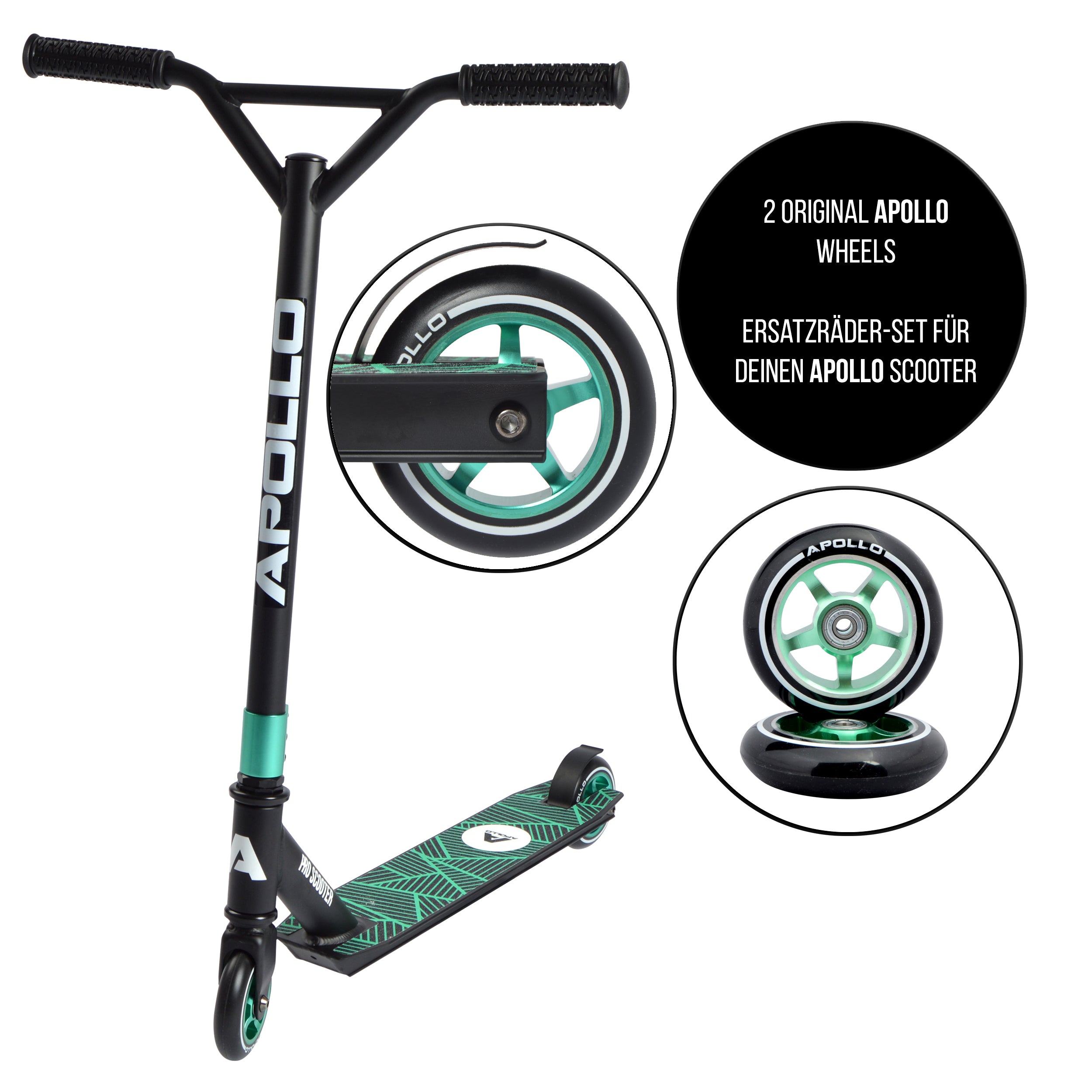 Apollo - Roues trottinette freestyle - Paire de roues série Pro 100mm - Vert - ALU Cœur