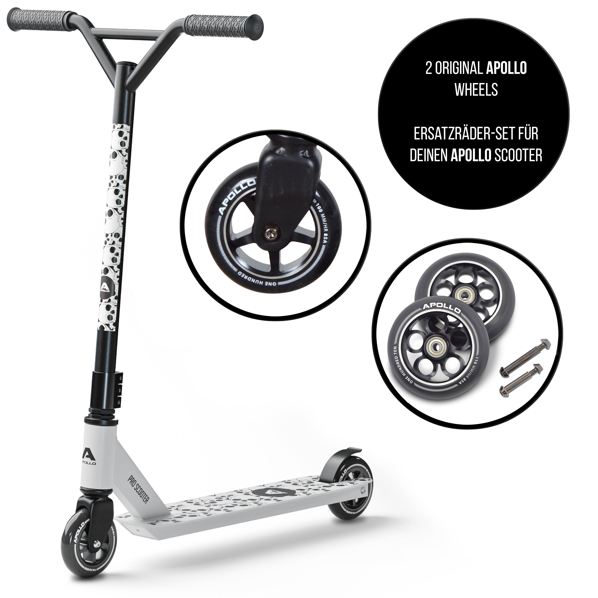 Apollo - Kit de roues de rechange pour trottinette freestyle Pro Wheels 110mm - roulements ABEC9 - Noir