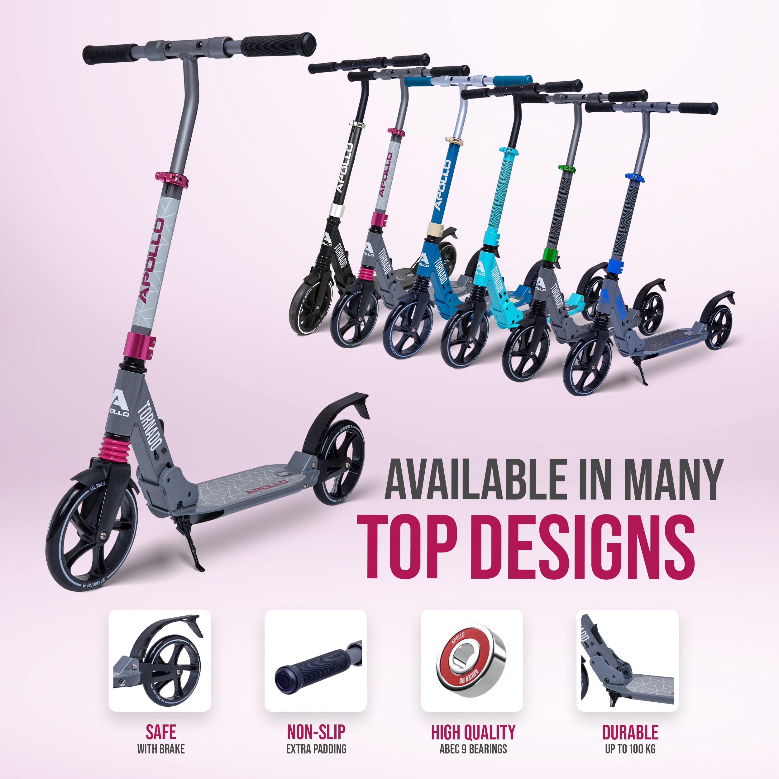 Apollo - Trottinette Apollo High End - Trottinette Tornado City avec frein et suspension - Gris Rose