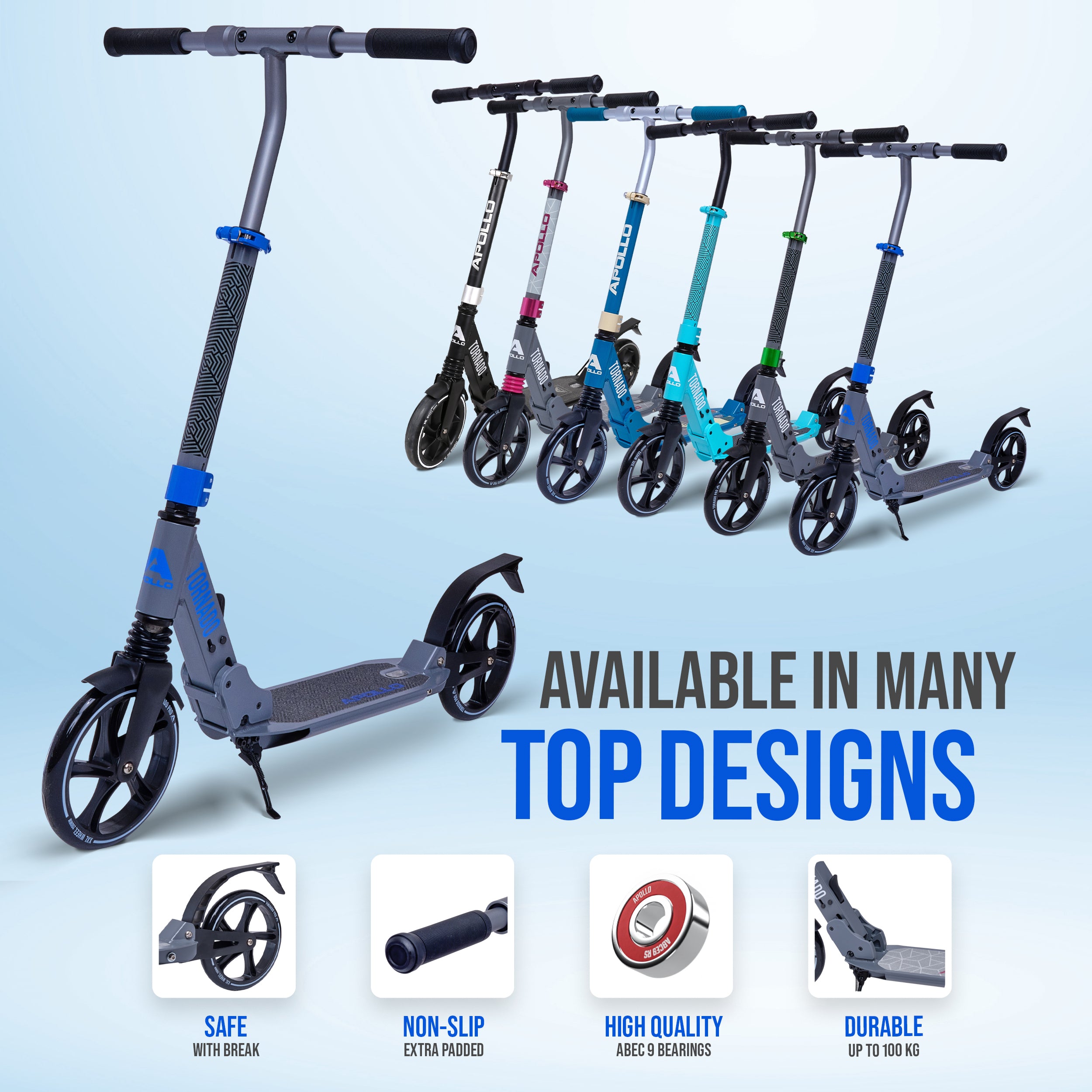 Apollo - Trottinette Apollo High End - Trottinette Tornado City avec frein et suspension - Gris Bleu