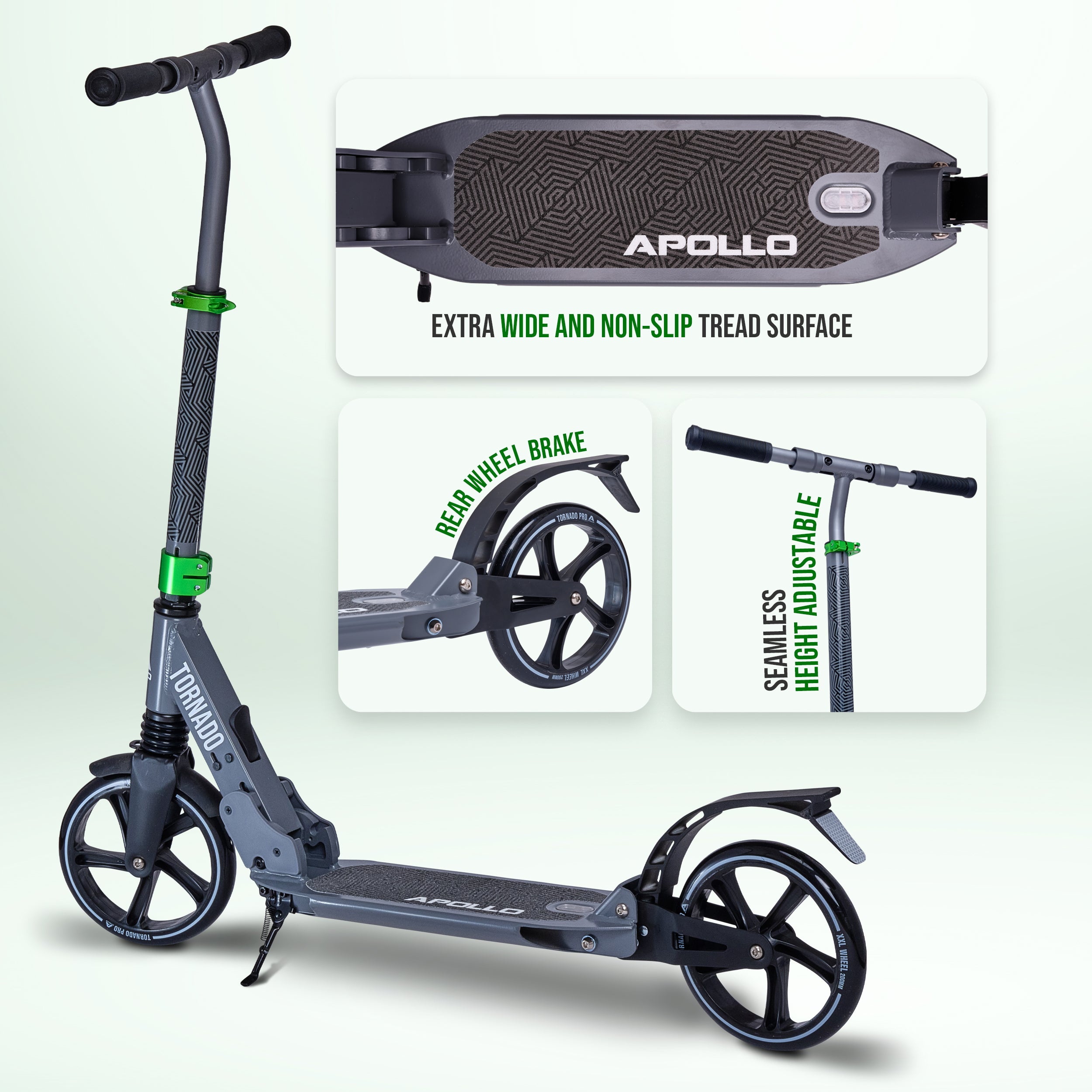 Apollo - Trottinette Apollo High End - Trottinette Tornado City avec frein et suspension - Gris Vert