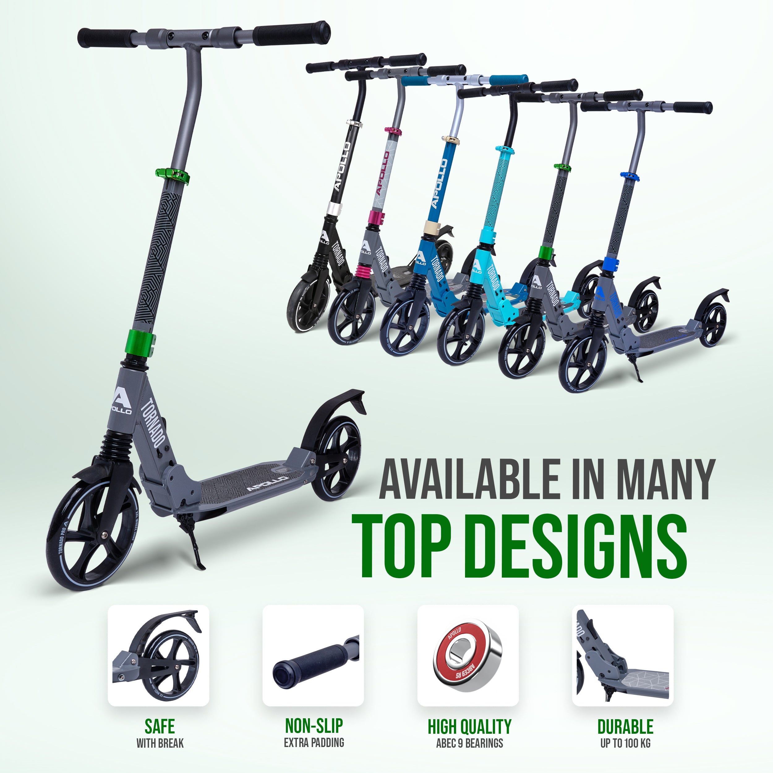 Apollo - Trottinette Apollo High End - Trottinette Tornado City avec frein et suspension - Gris Vert